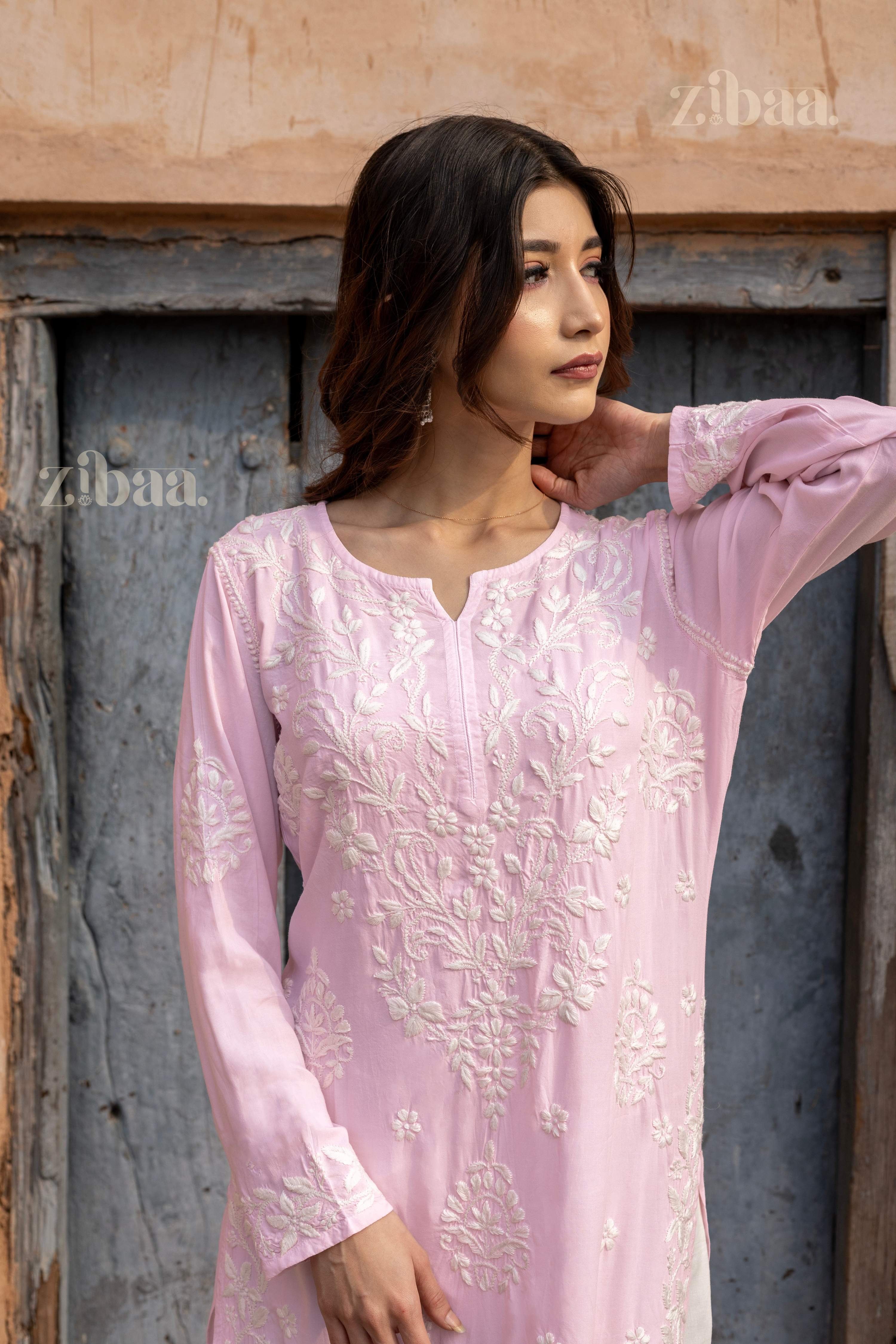 Zibaa Modal Blush Pink Long Chikankari Kurti - Distacart