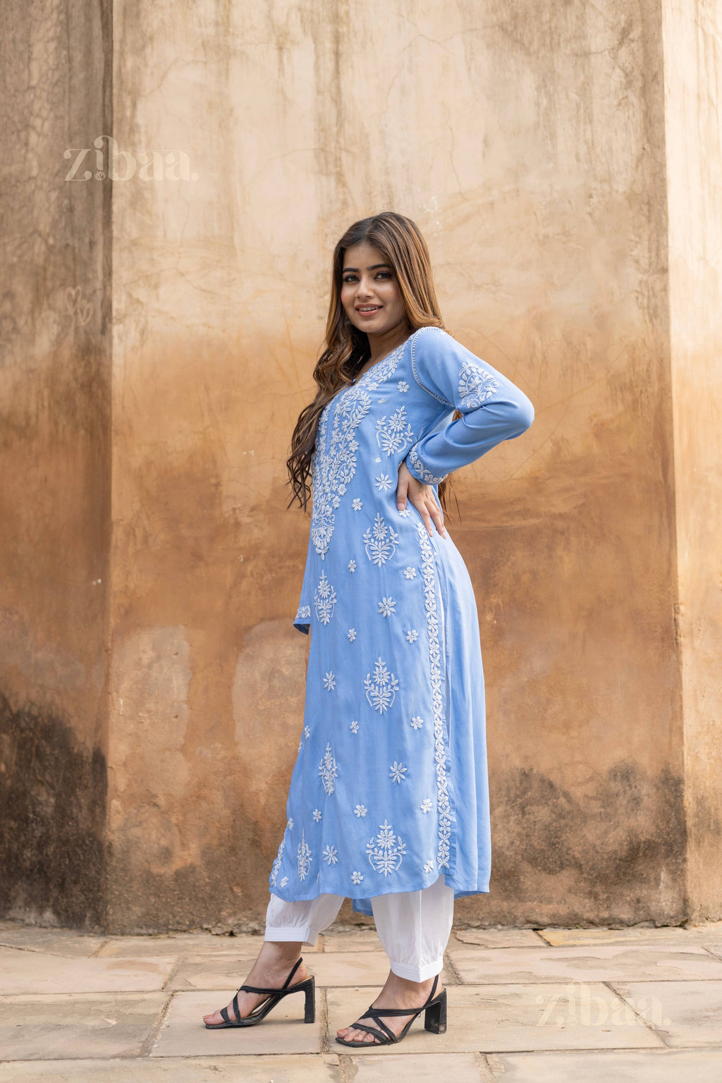Zibaa Modal Powder Blue Long Chikankari Kurti - Distacart
