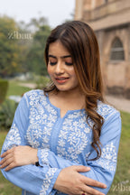 Zibaa Modal Powder Blue Long Chikankari Kurti - Distacart