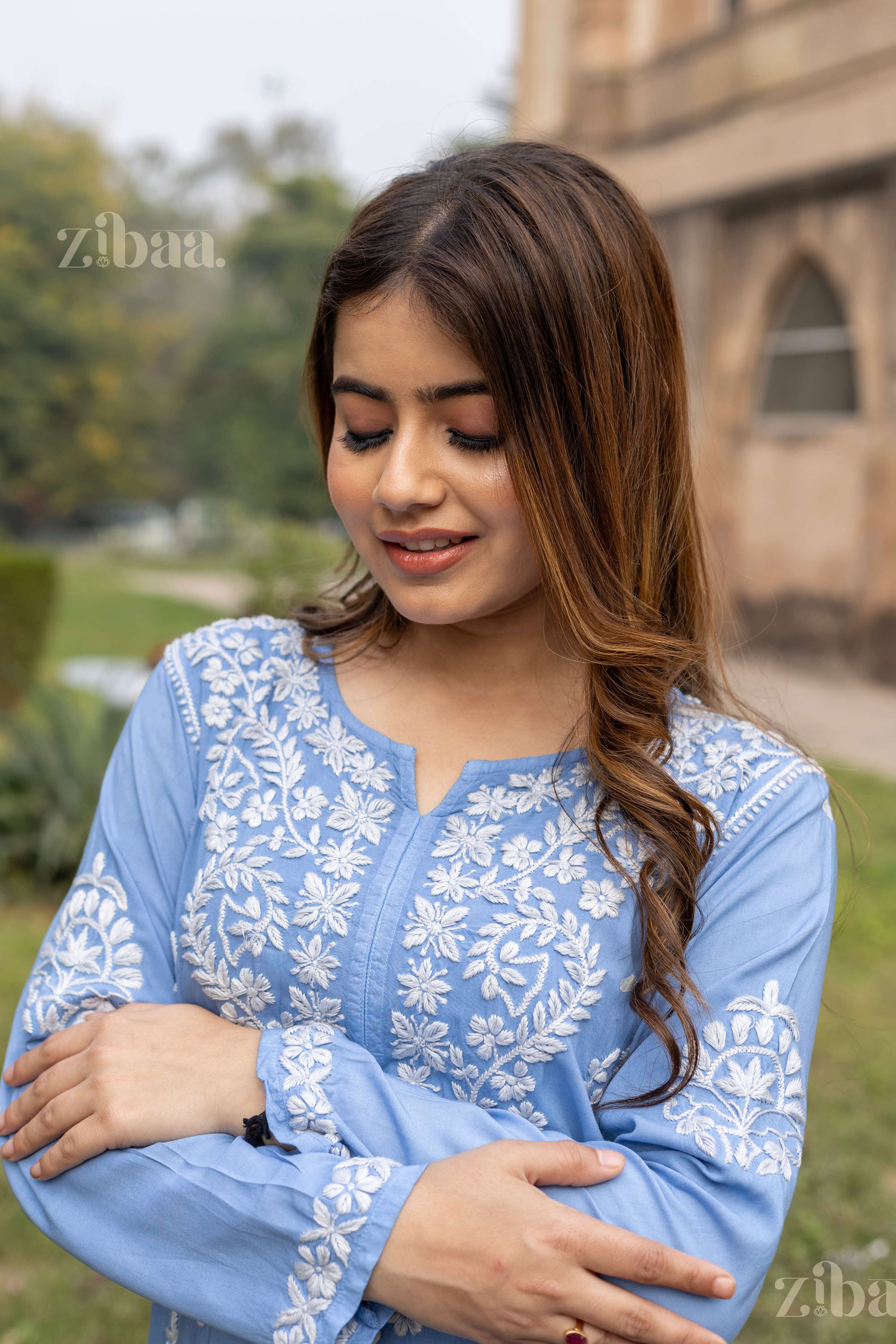 Zibaa Modal Powder Blue Long Chikankari Kurti - Distacart