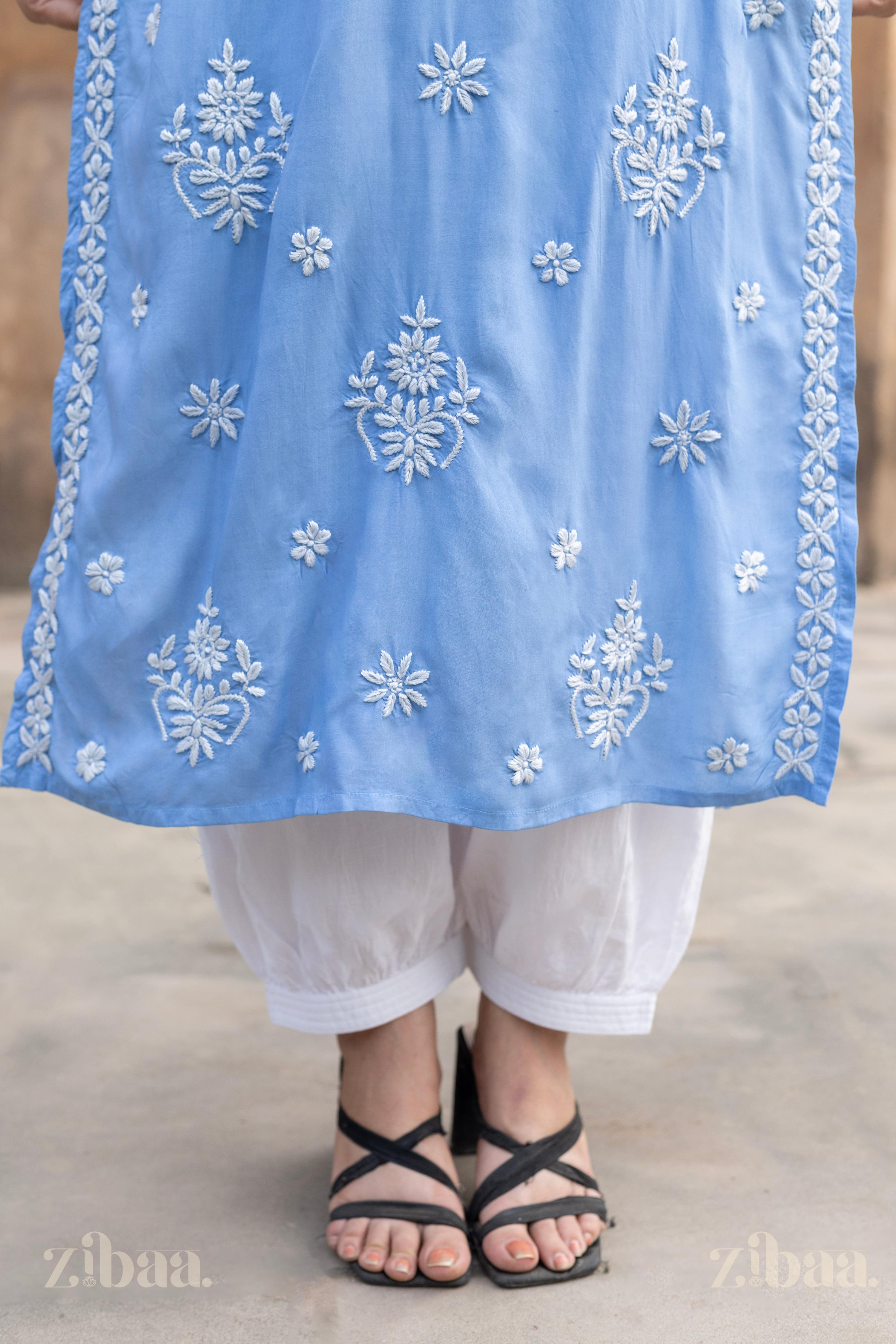 Zibaa Modal Powder Blue Long Chikankari Kurti - Distacart