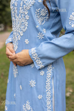 Zibaa Modal Powder Blue Long Chikankari Kurti - Distacart