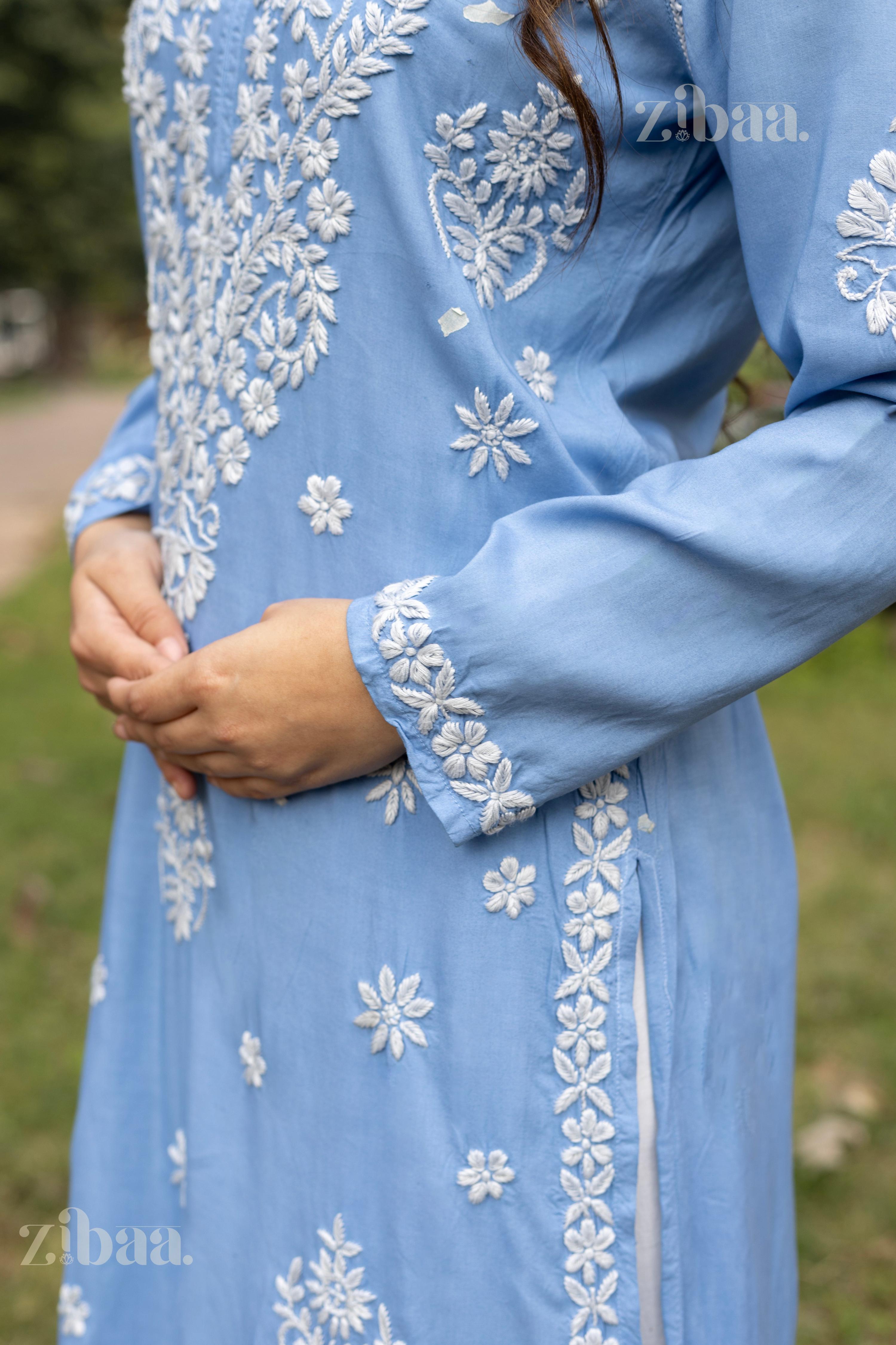 Zibaa Modal Powder Blue Long Chikankari Kurti - Distacart