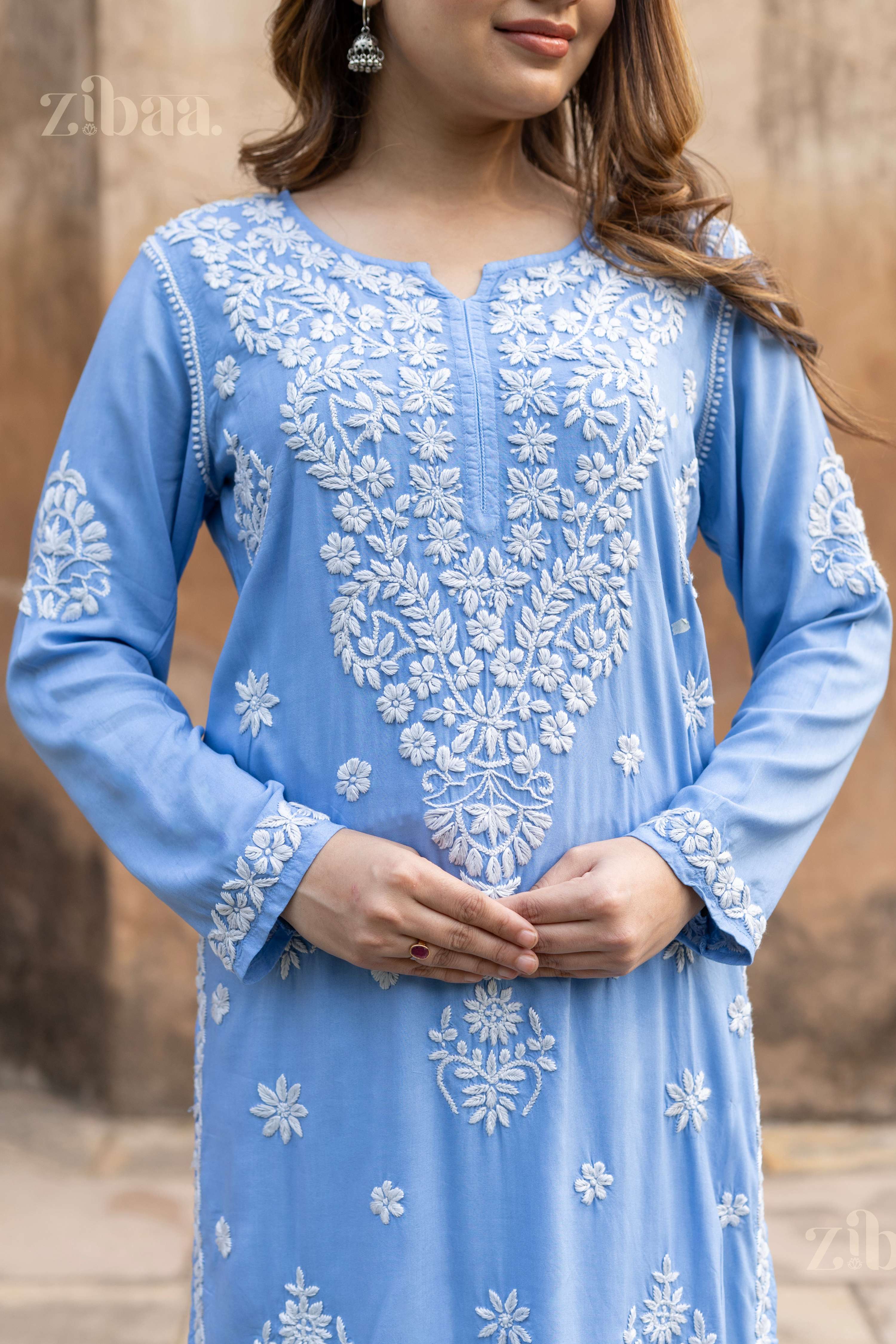 Zibaa Modal Powder Blue Long Chikankari Kurti - Distacart