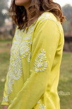 Zibaa Modal Olive Green Long Chikankari Kurti - Distacart