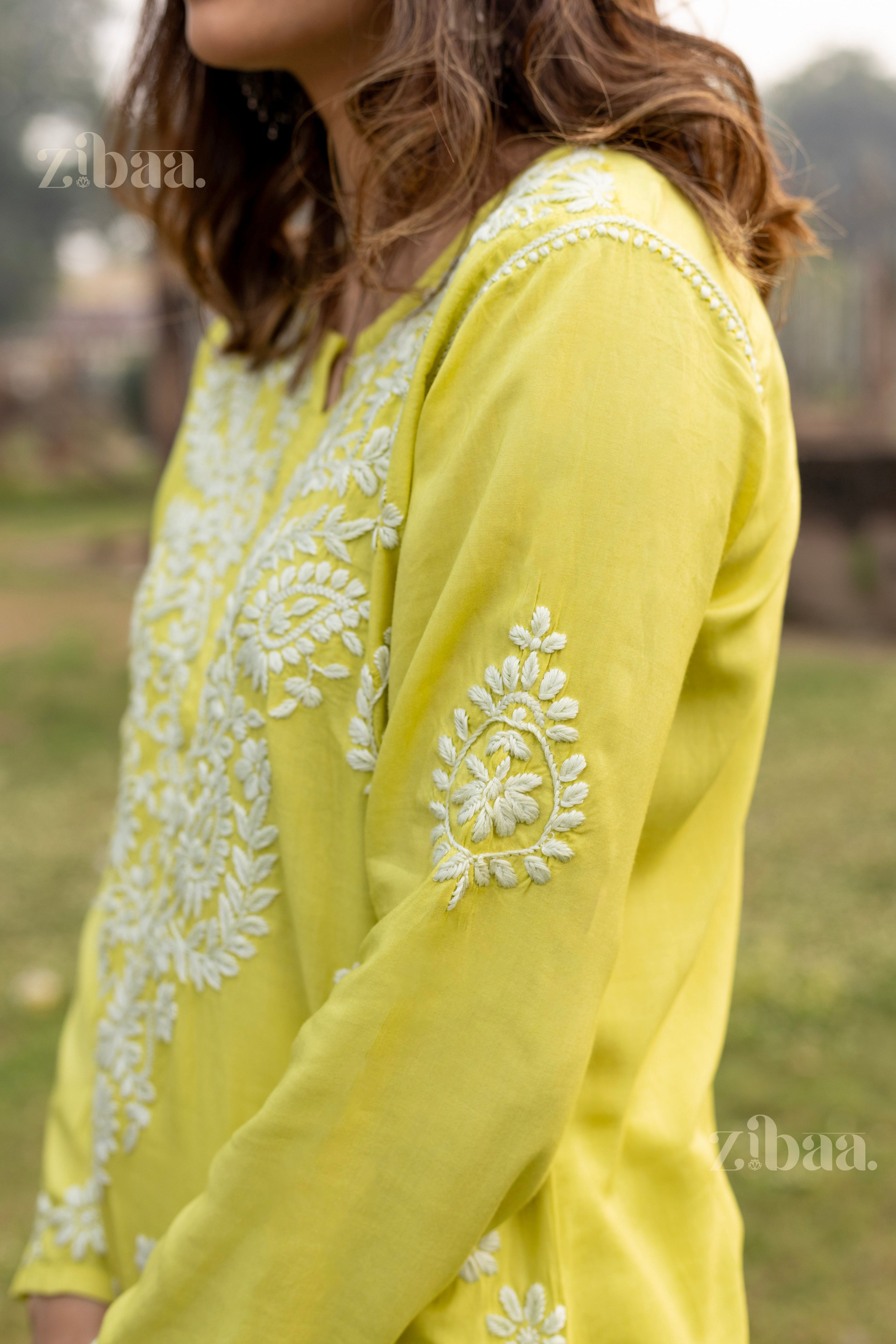 Zibaa Modal Olive Green Long Chikankari Kurti - Distacart