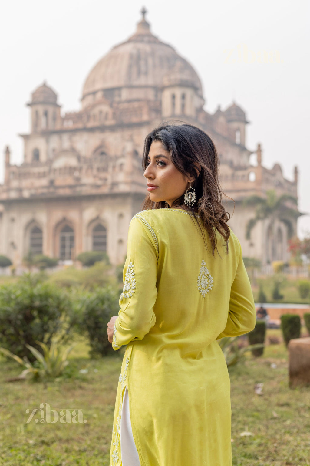 Zibaa Modal Olive Green Long Chikankari Kurti - Distacart