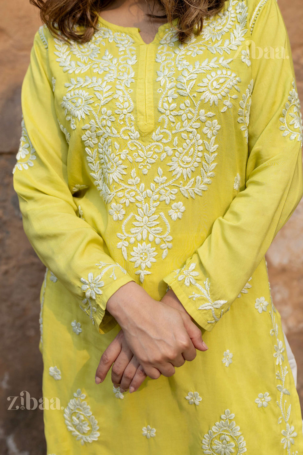 Zibaa Modal Olive Green Long Chikankari Kurti - Distacart