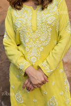 Zibaa Modal Olive Green Long Chikankari Kurti - Distacart