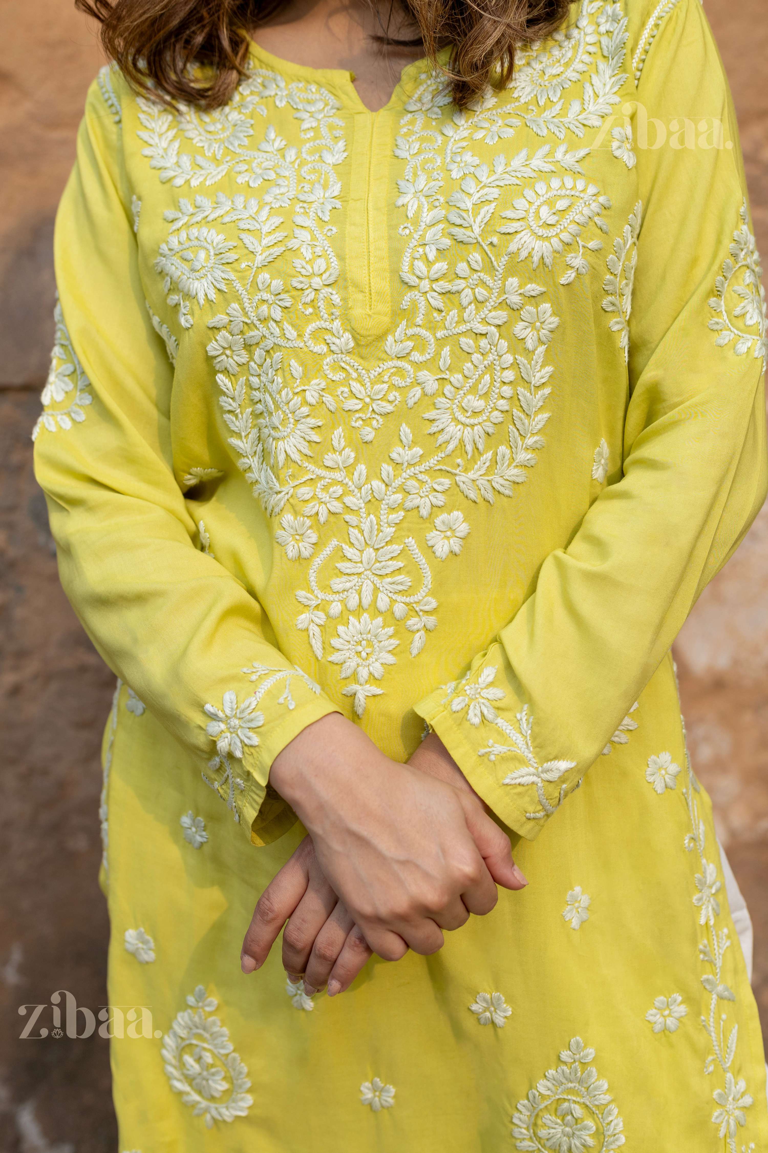Zibaa Modal Olive Green Long Chikankari Kurti - Distacart