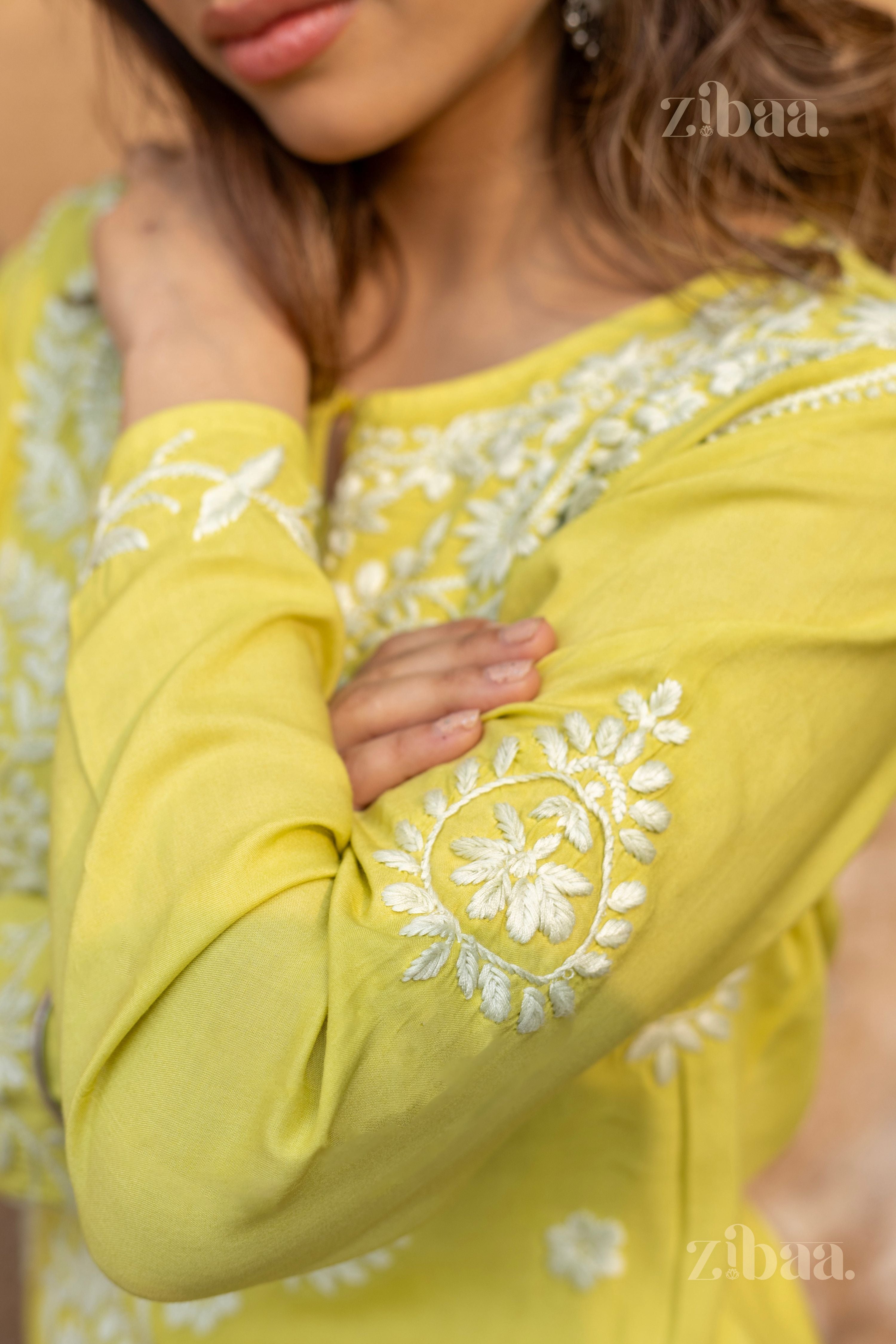 Zibaa Modal Olive Green Long Chikankari Kurti - Distacart