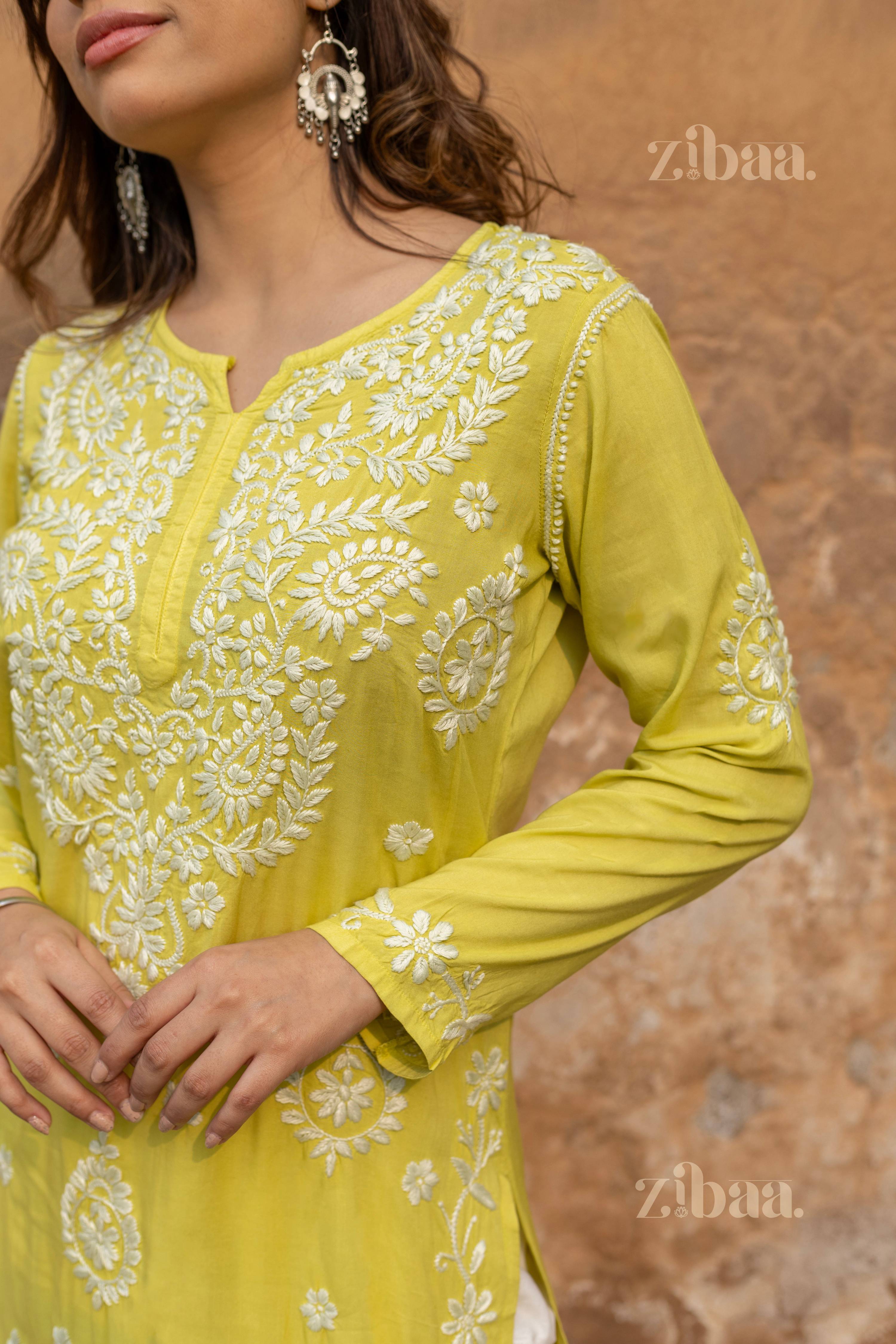Zibaa Modal Olive Green Long Chikankari Kurti - Distacart
