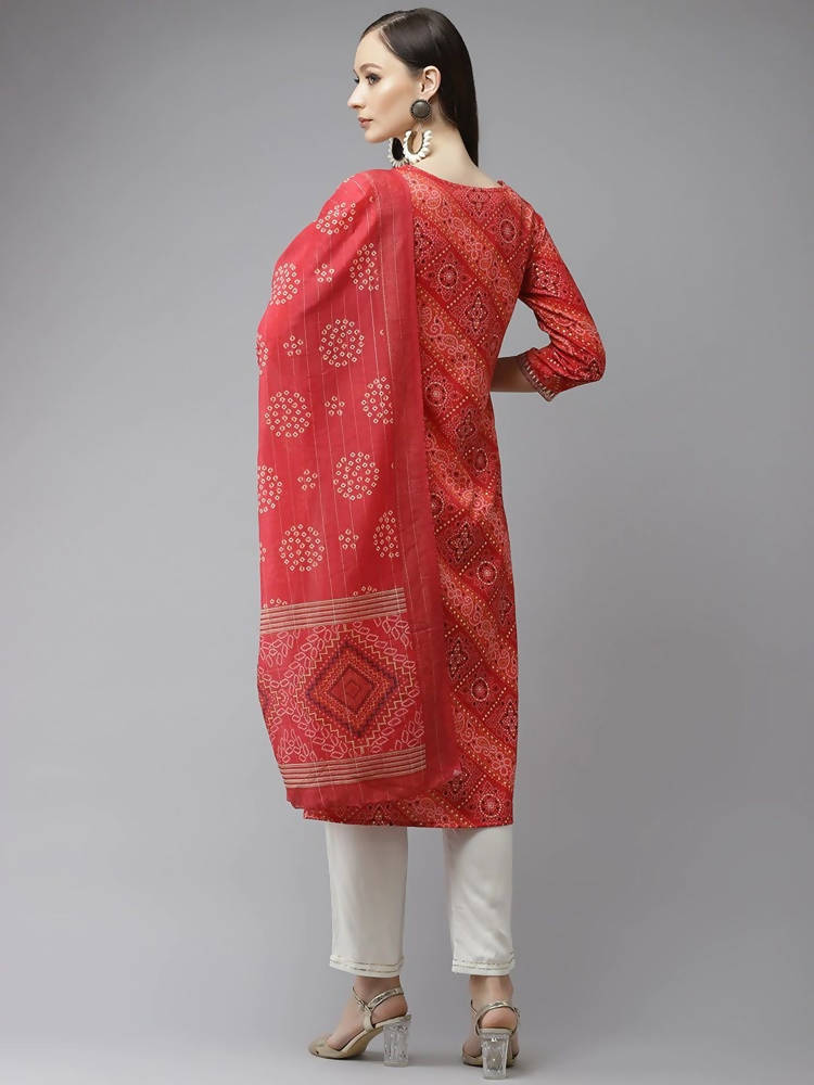 Yufta Women Red Bandhani Printed Regular Gotta Patti Kurta with Palazzo & With Dupatta