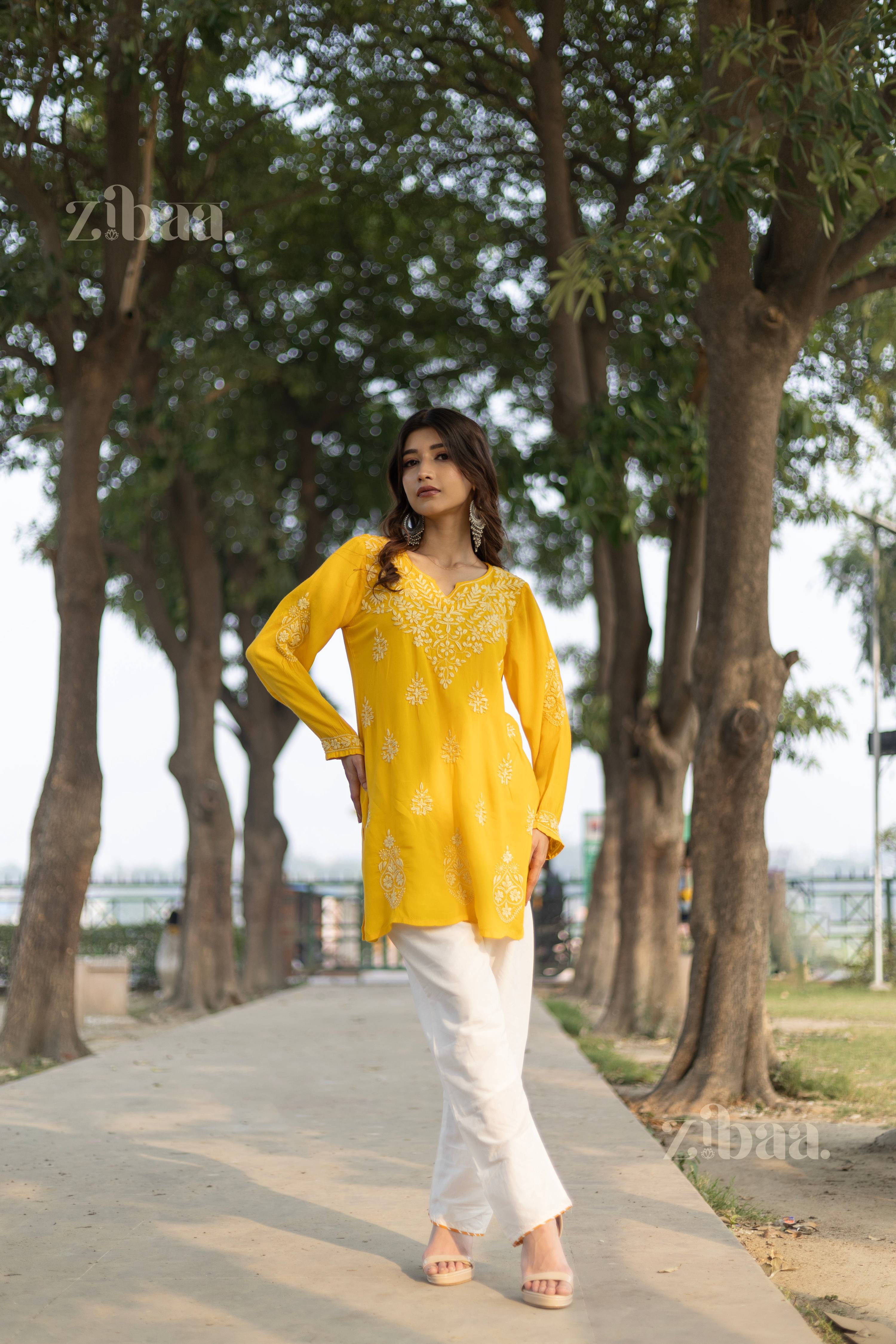 Zibaa Modal Mustard Yellow Short Chikankari Kurti - Distacart