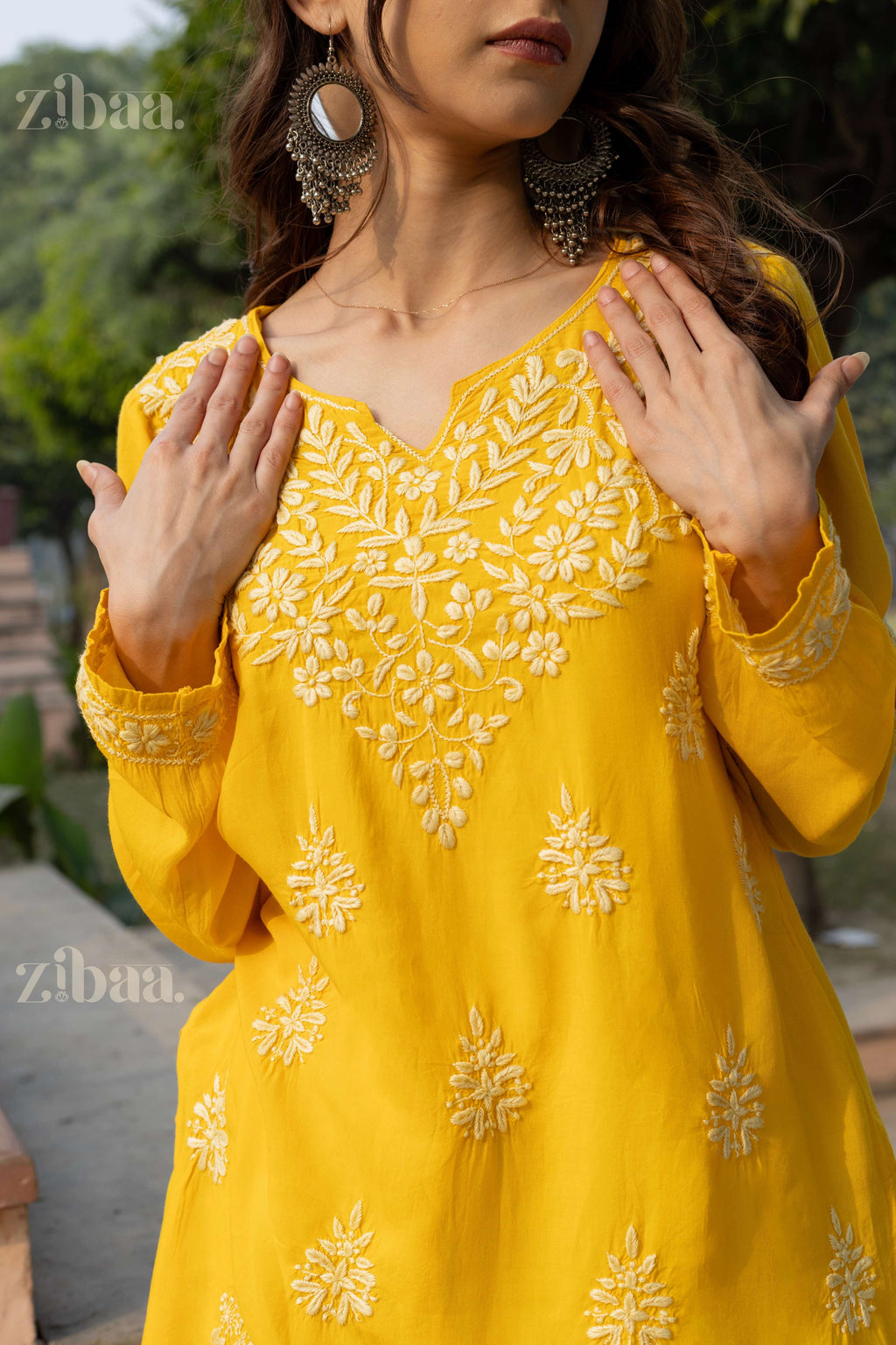 Zibaa Modal Mustard Yellow Short Chikankari Kurti - Distacart