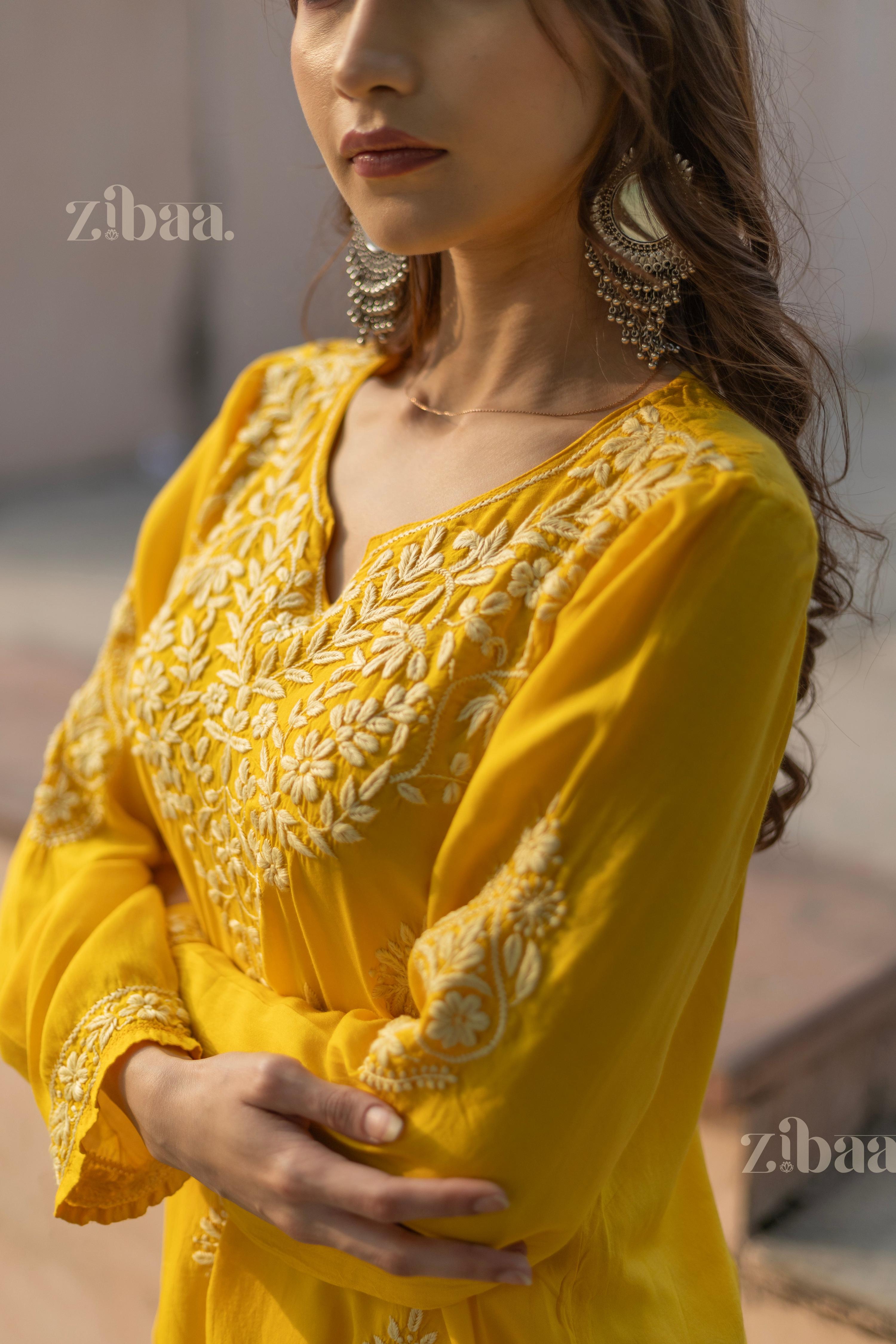 Zibaa Modal Mustard Yellow Short Chikankari Kurti - Distacart