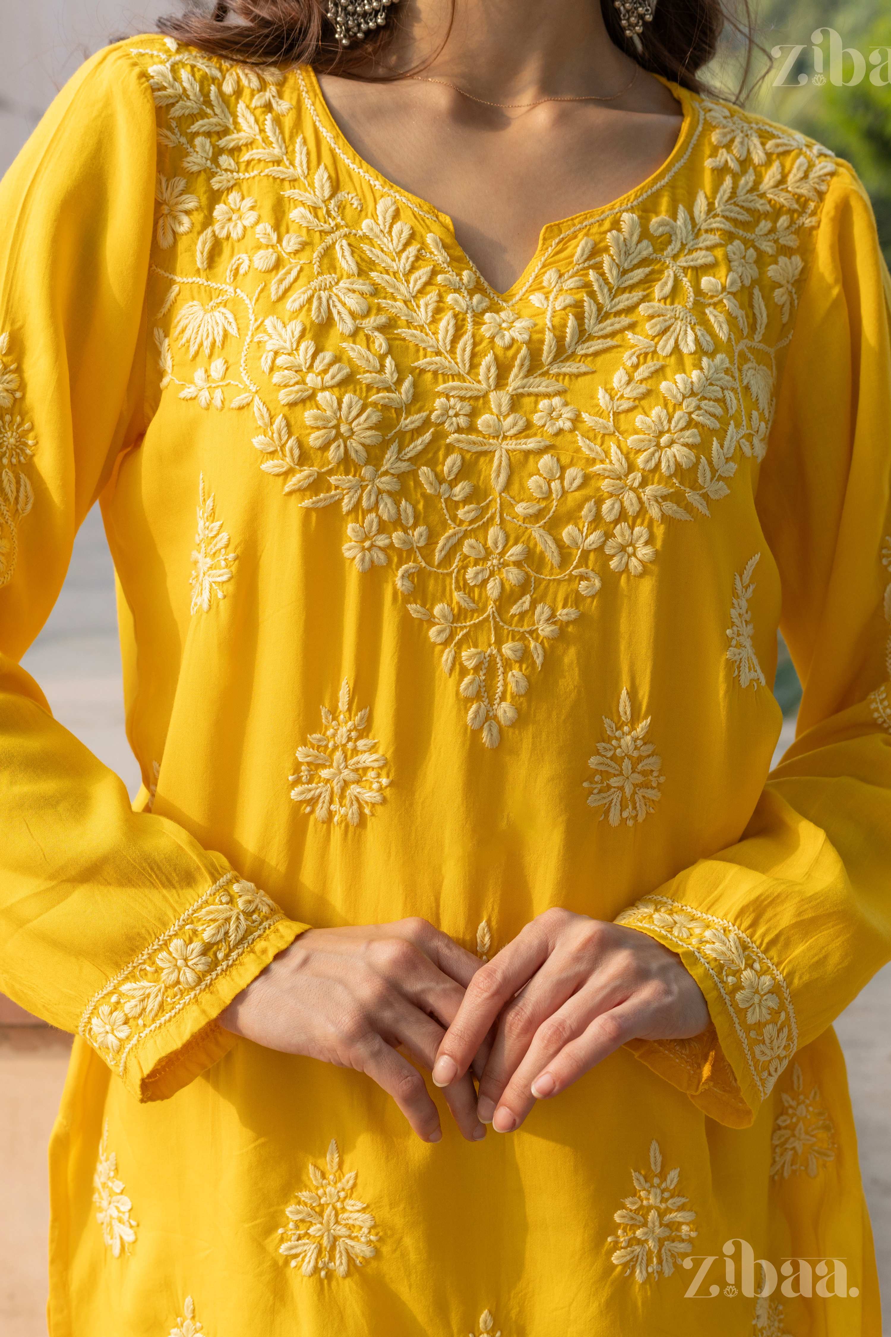 Zibaa Modal Mustard Yellow Short Chikankari Kurti - Distacart