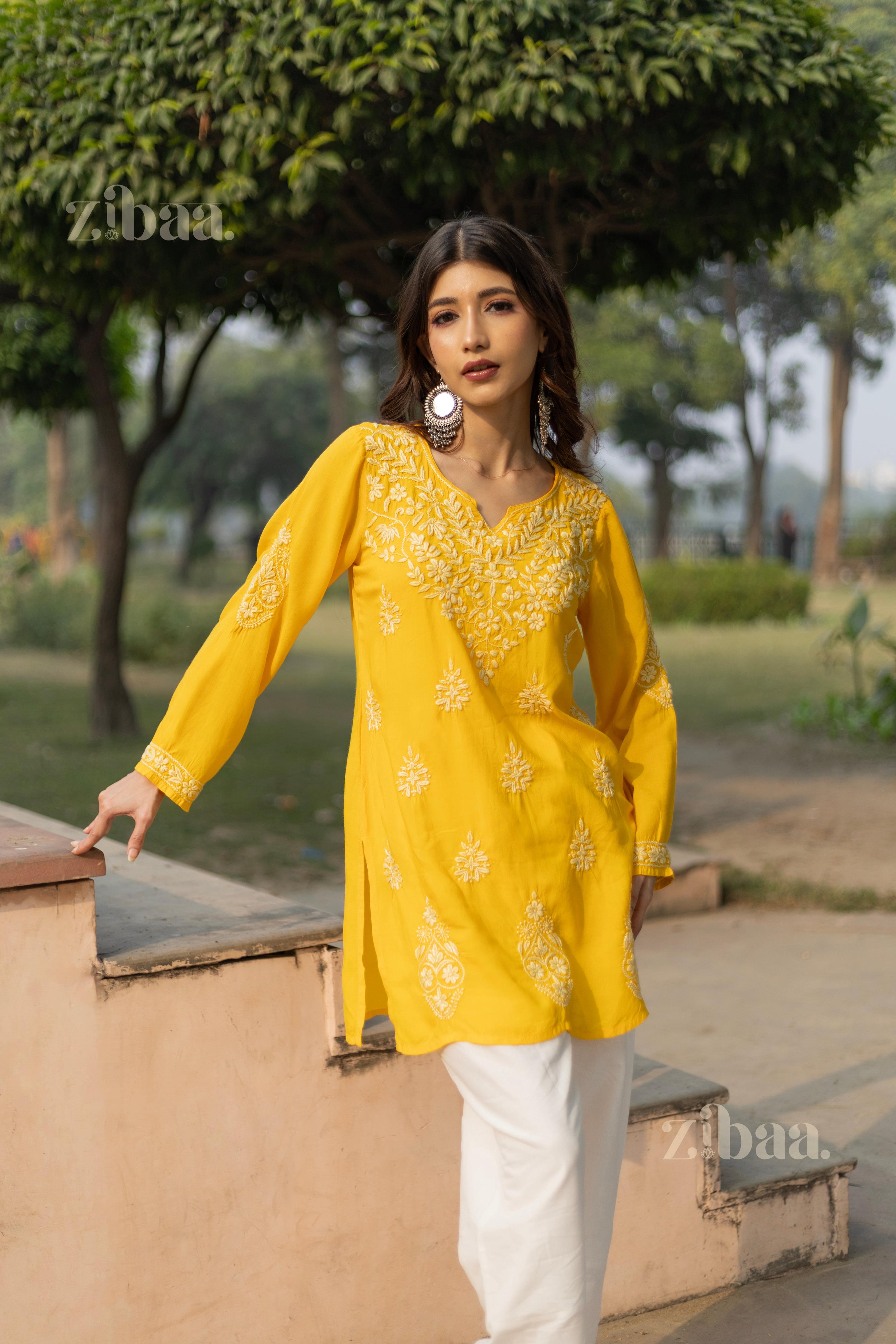 Zibaa Modal Mustard Yellow Short Chikankari Kurti - Distacart