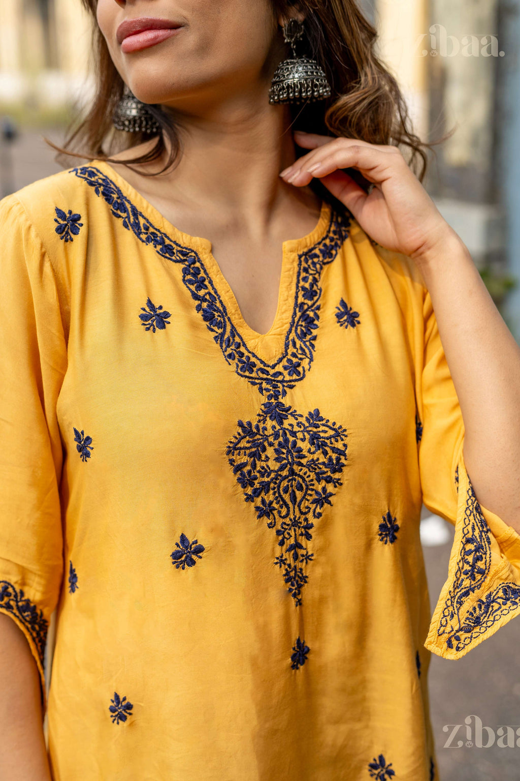 Zibaa Muslin Golden Beige Chikankari Co-ord Set - Distacart