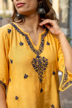 Zibaa Muslin Golden Beige Chikankari Co-ord Set - Distacart