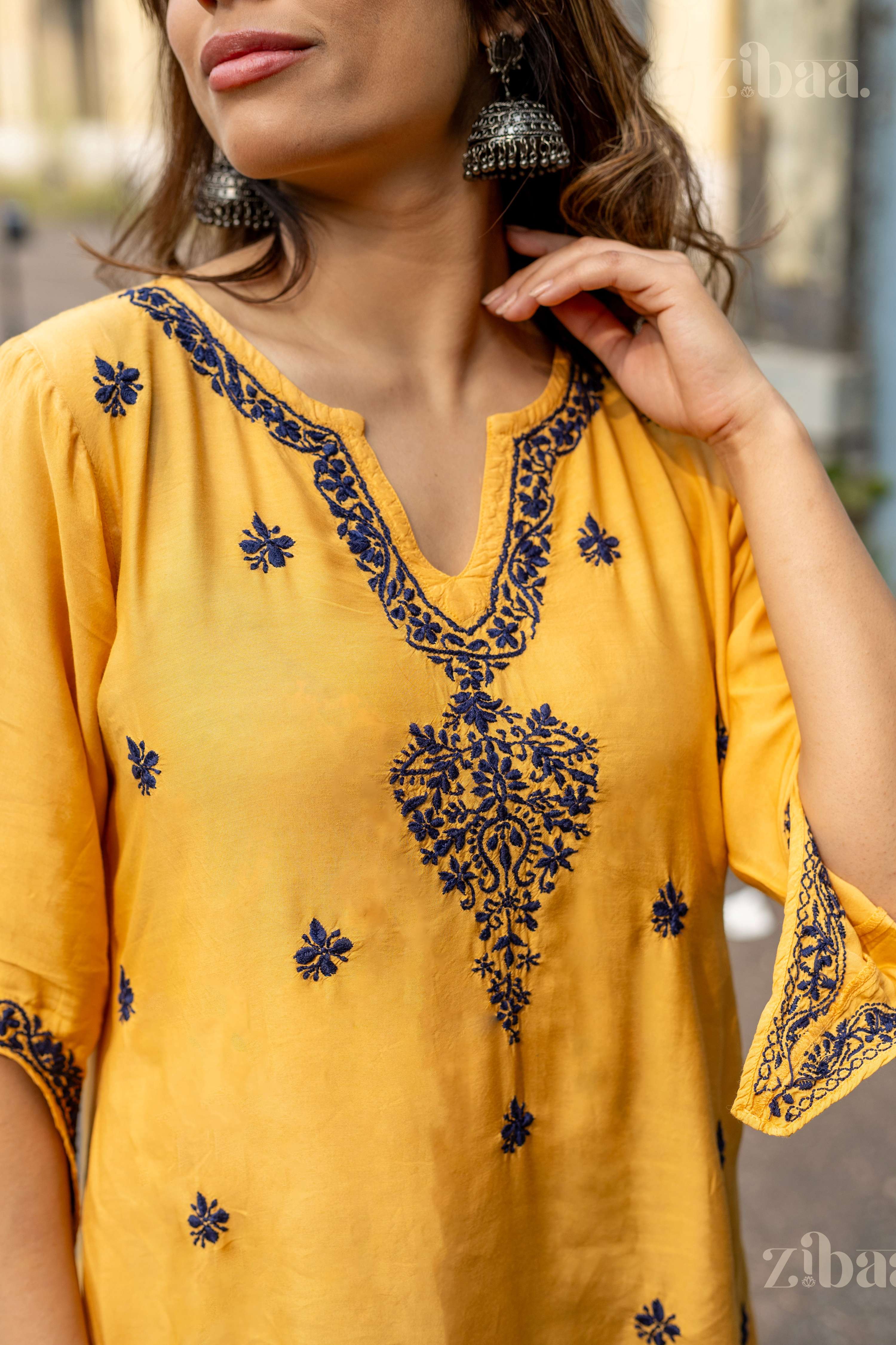 Zibaa Muslin Golden Beige Chikankari Co-ord Set - Distacart