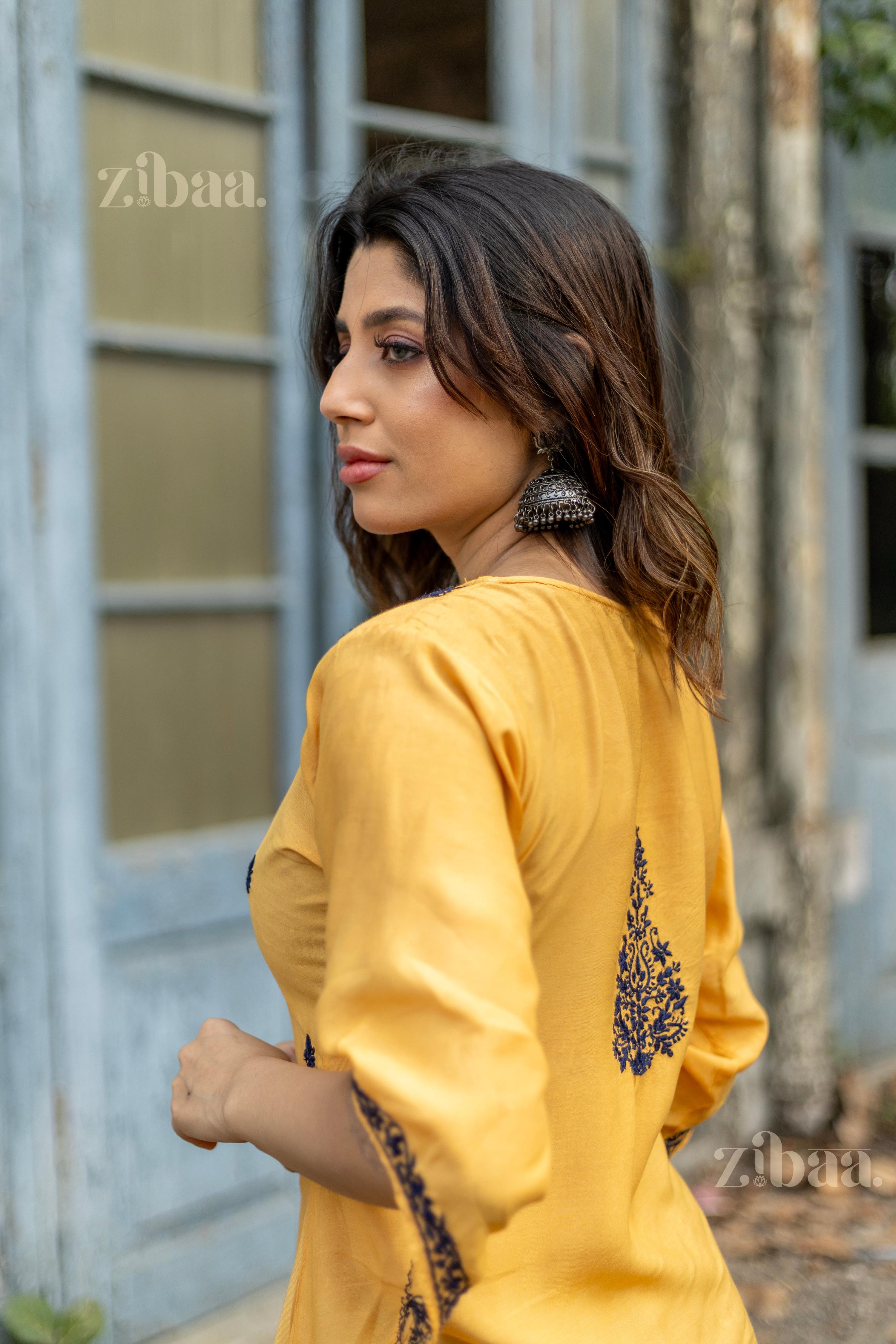 Zibaa Muslin Golden Beige Chikankari Co-ord Set - Distacart