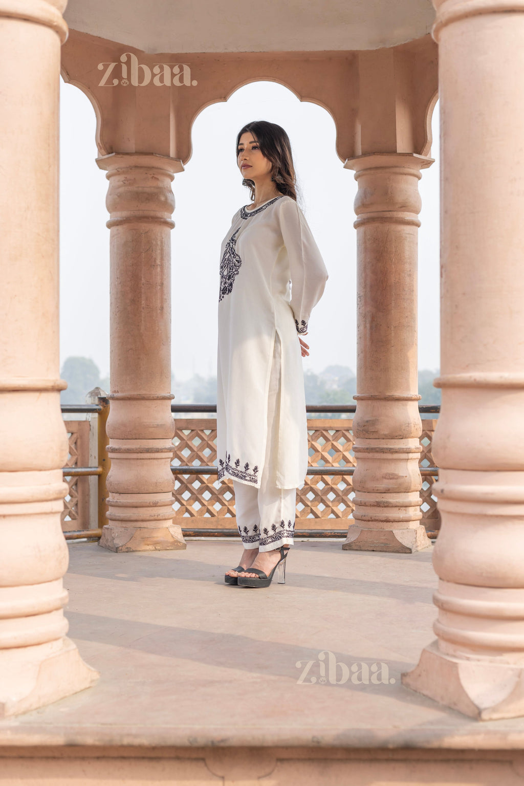 Zibaa Muslin Black & White Chikankari Co-ord Set - Distacart