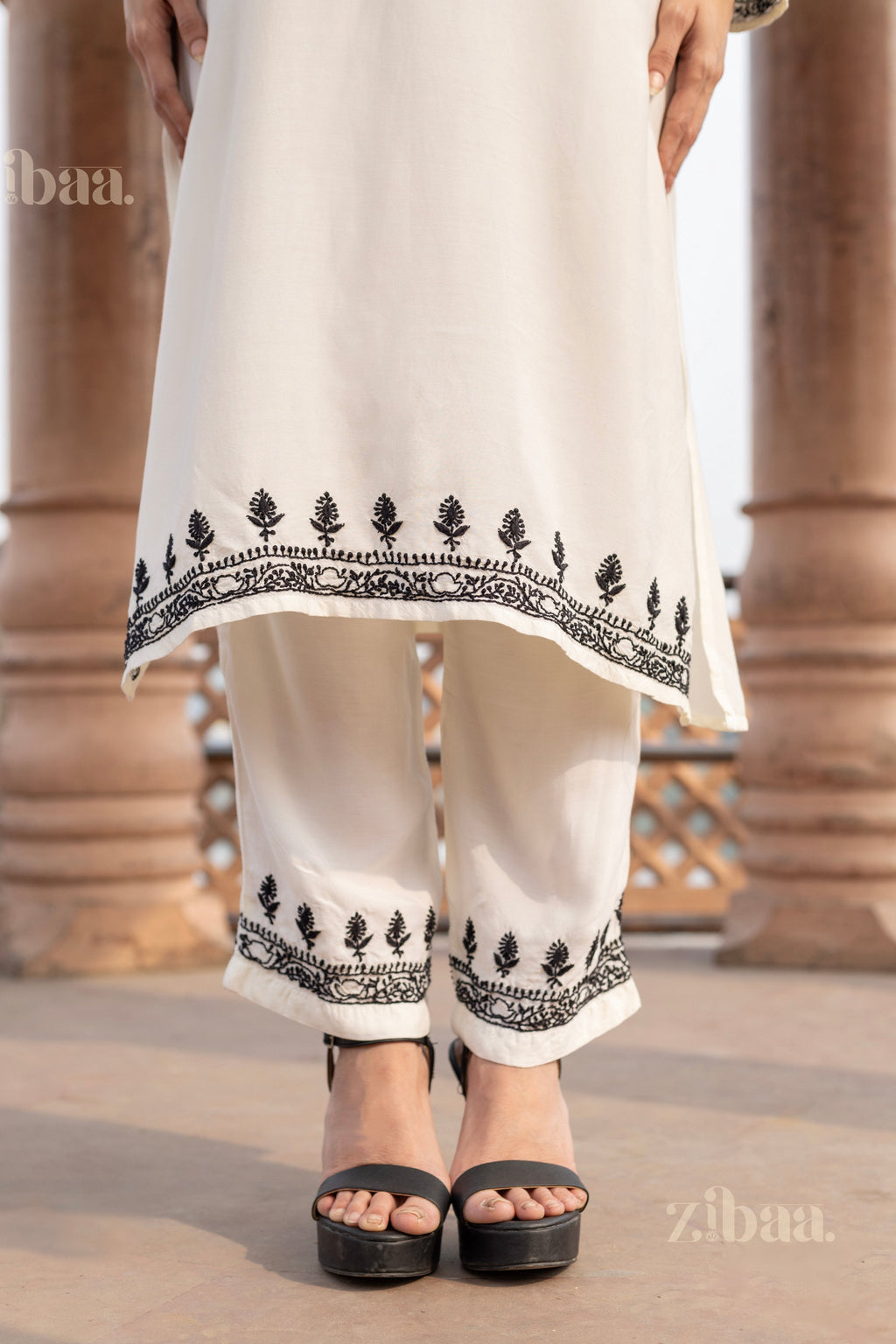 Zibaa Muslin Black & White Chikankari Co-ord Set - Distacart