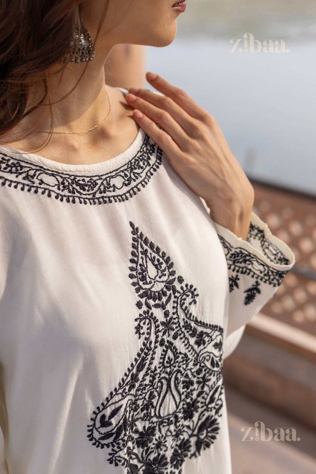 Zibaa Muslin Black & White Chikankari Co-ord Set - Distacart