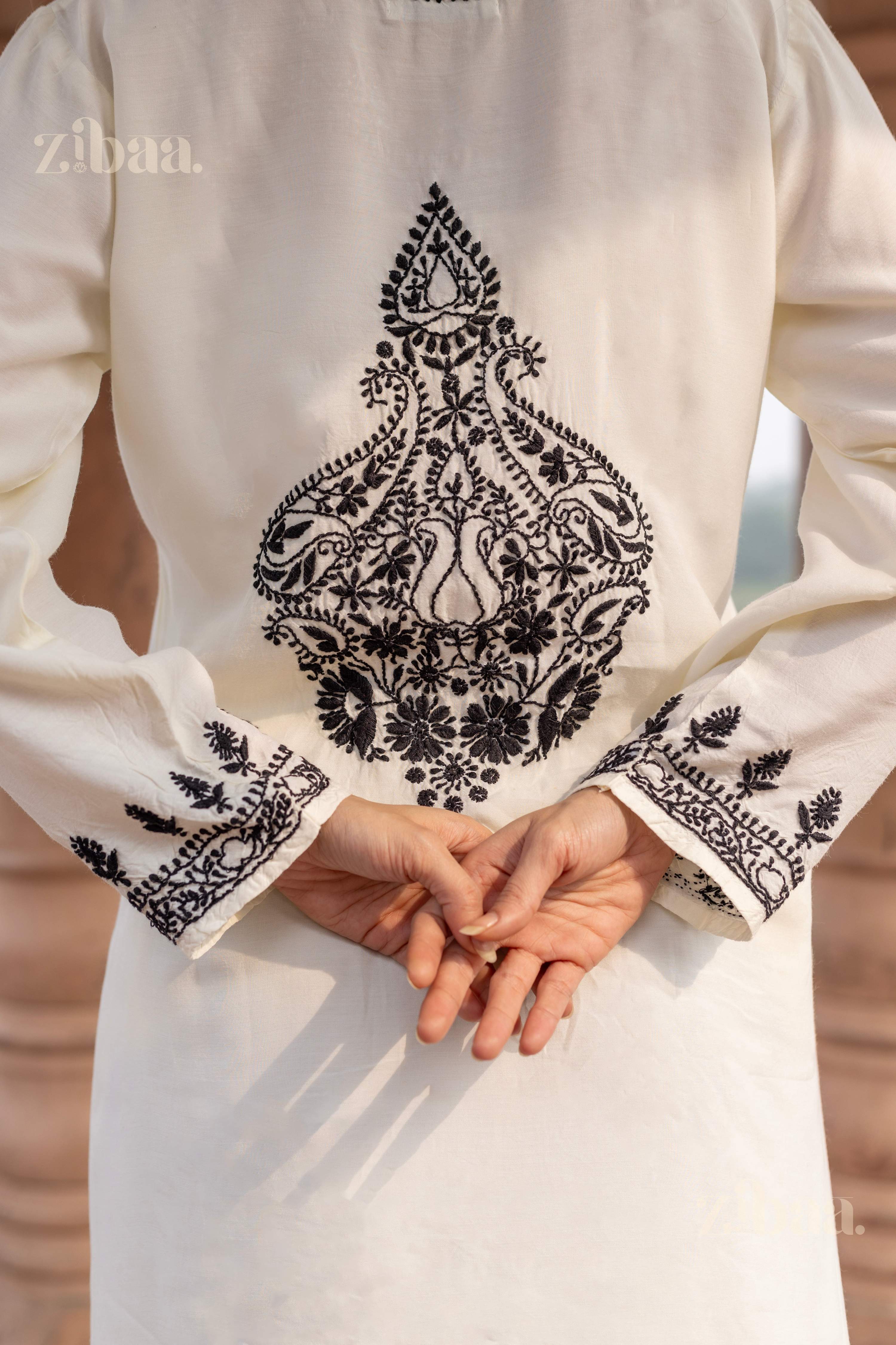 Zibaa Muslin Black & White Chikankari Co-ord Set - Distacart