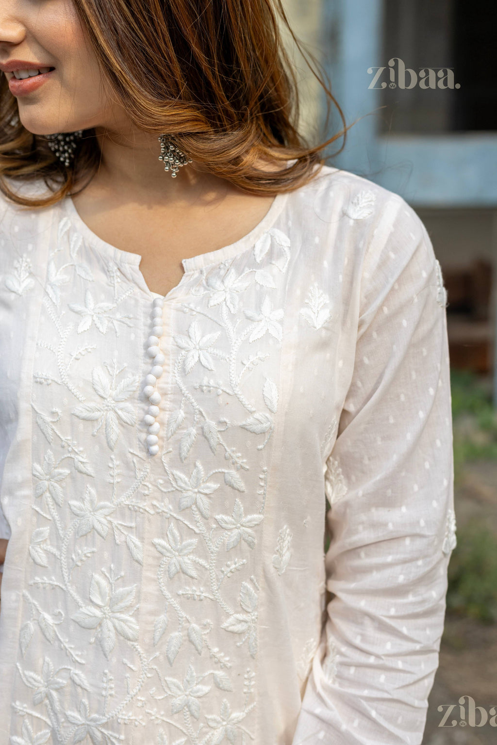 Zibaa Cotton Ivory Chikankari Anarkali - Distacart