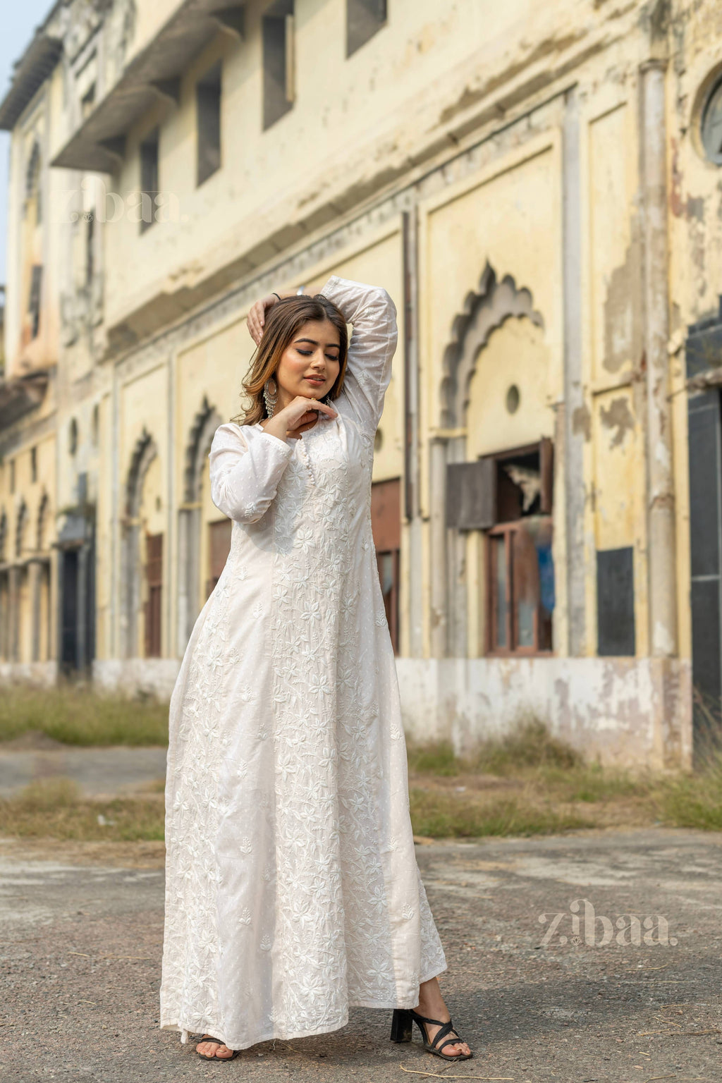 Zibaa Cotton Ivory Chikankari Anarkali - Distacart
