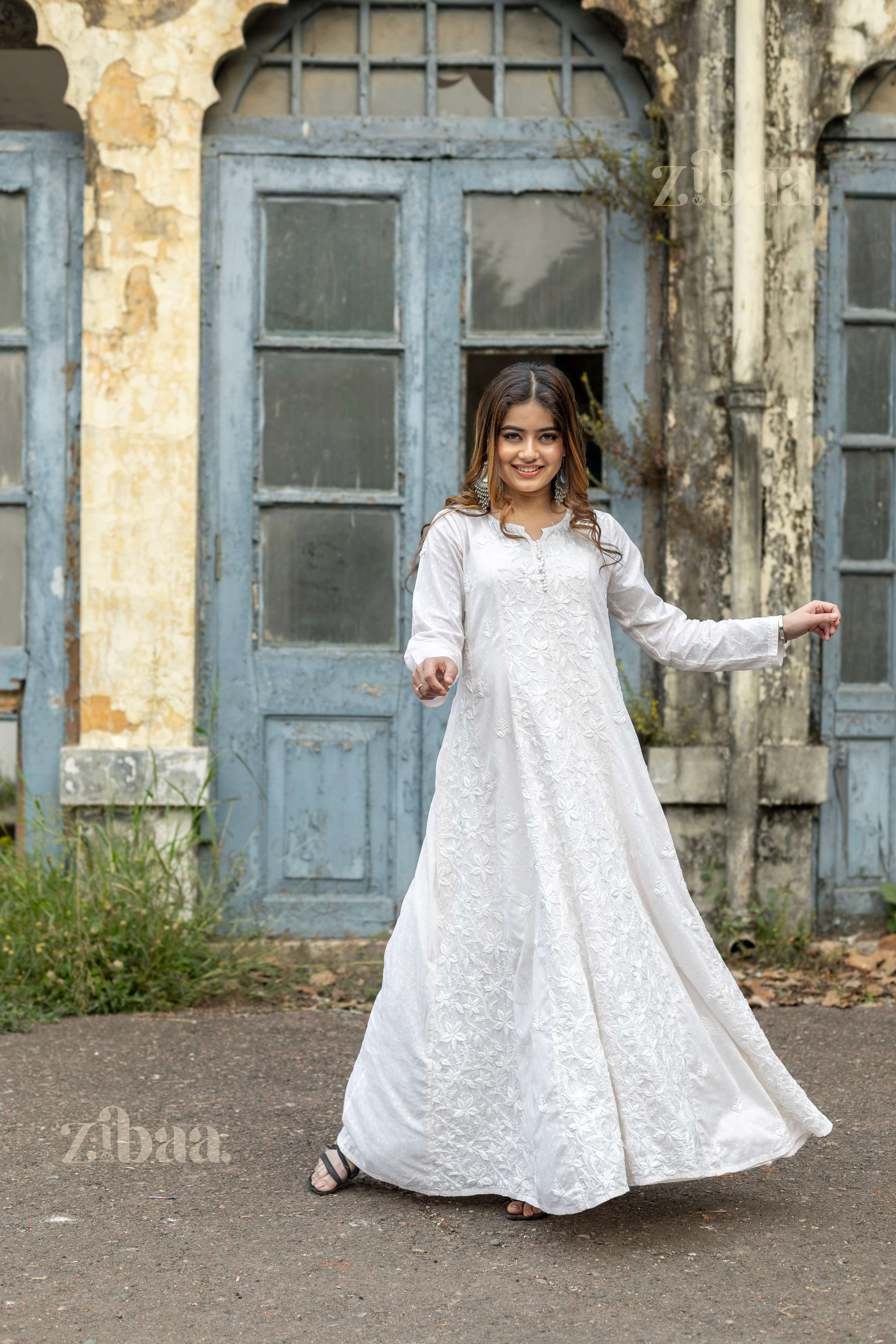 Zibaa Cotton Ivory Chikankari Anarkali - Distacart