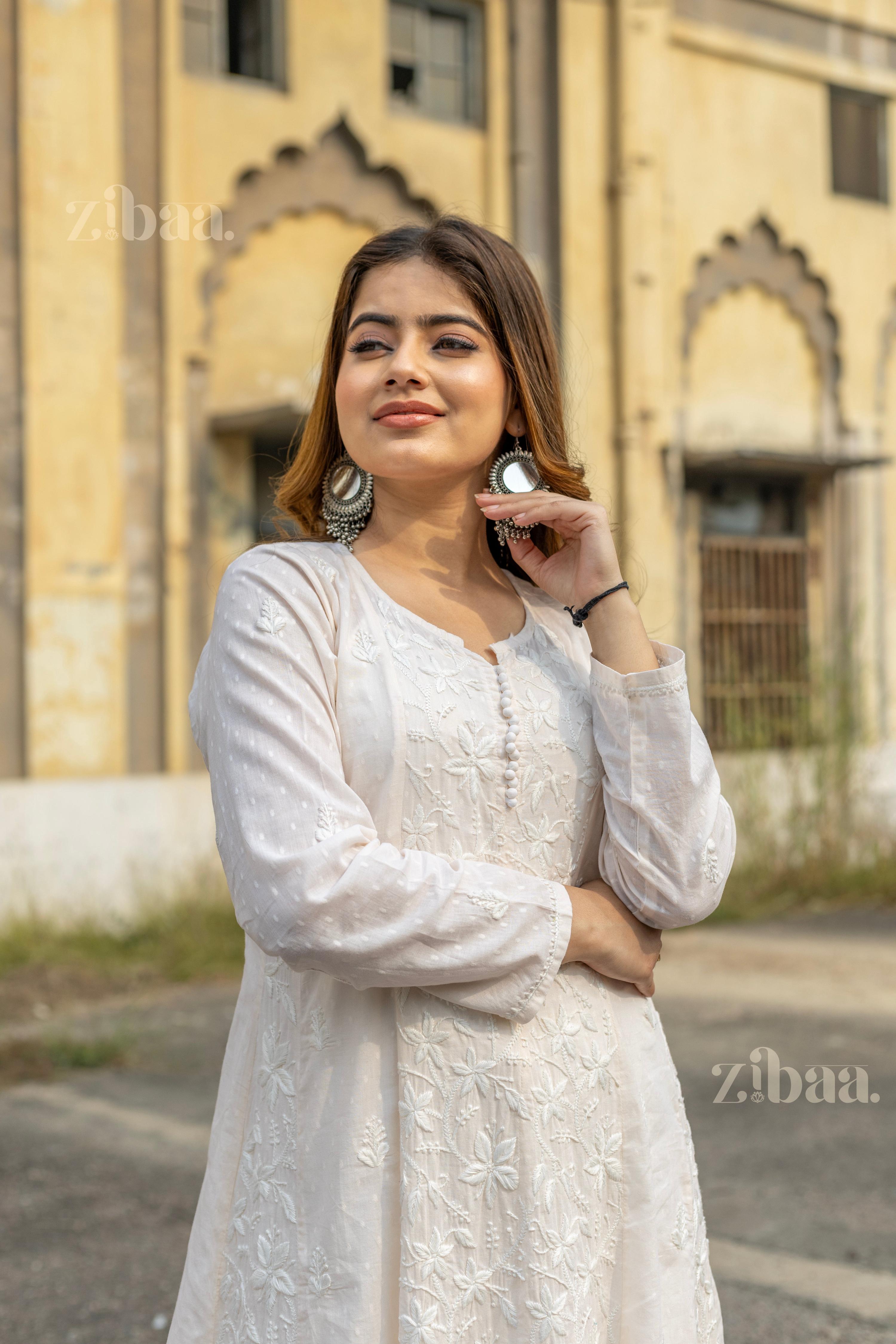 Zibaa Cotton Ivory Chikankari Anarkali - Distacart