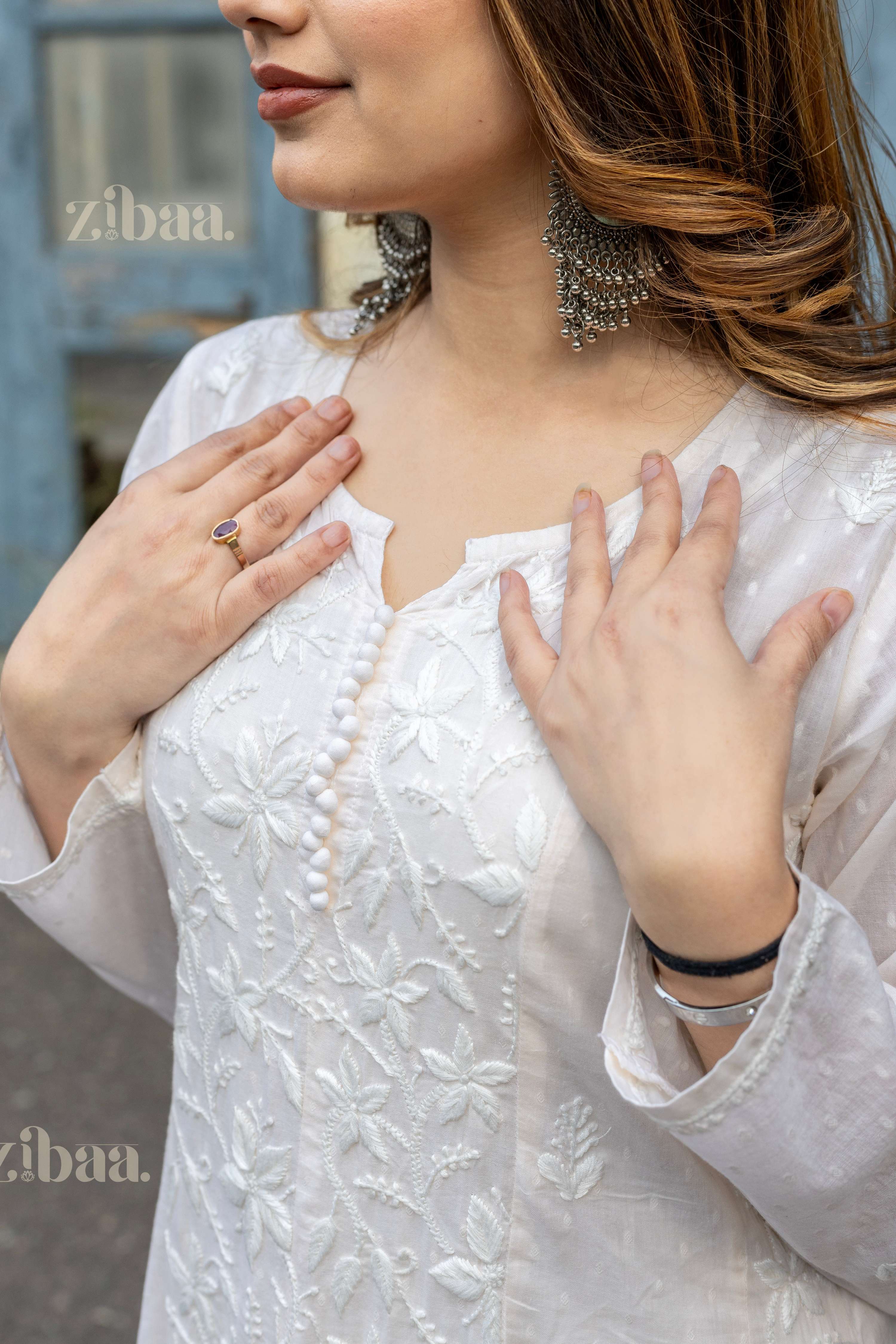 Zibaa Cotton Ivory Chikankari Anarkali - Distacart