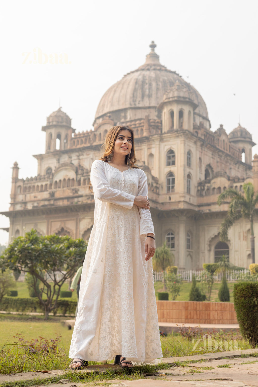 Zibaa Cotton Ivory Chikankari Anarkali - Distacart