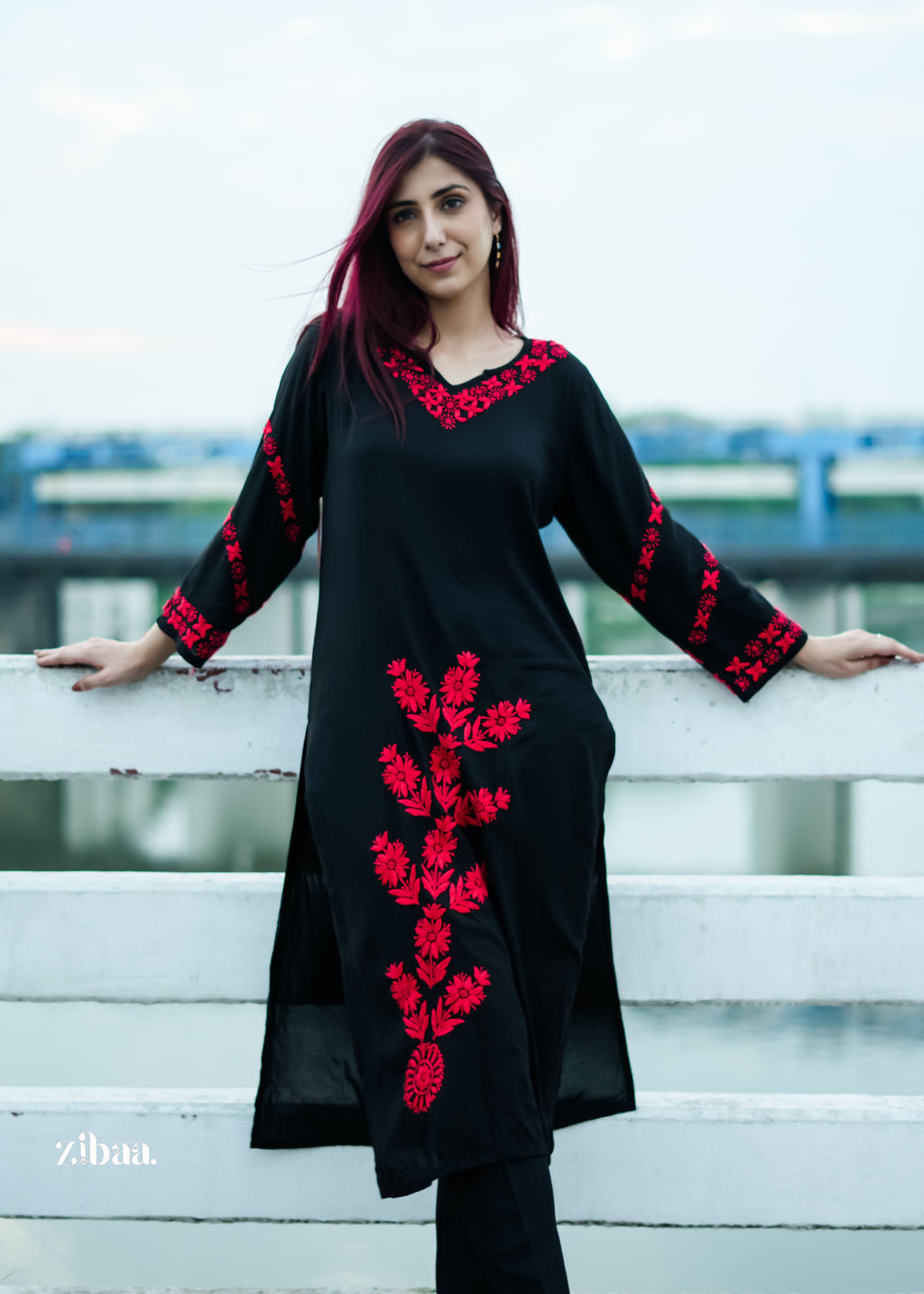 Zibaa Modal Red & Black Chikankari Kurta - Distacart