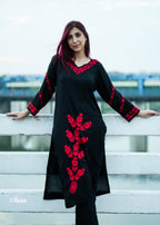 Zibaa Modal Red & Black Chikankari Kurta - Distacart