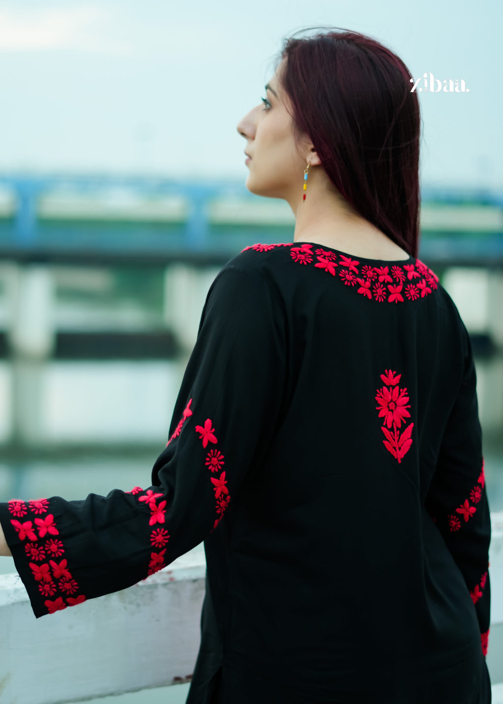 Zibaa Modal Red & Black Chikankari Kurta - Distacart