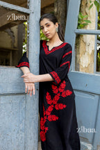 Zibaa Modal Red & Black Chikankari Kurta - Distacart