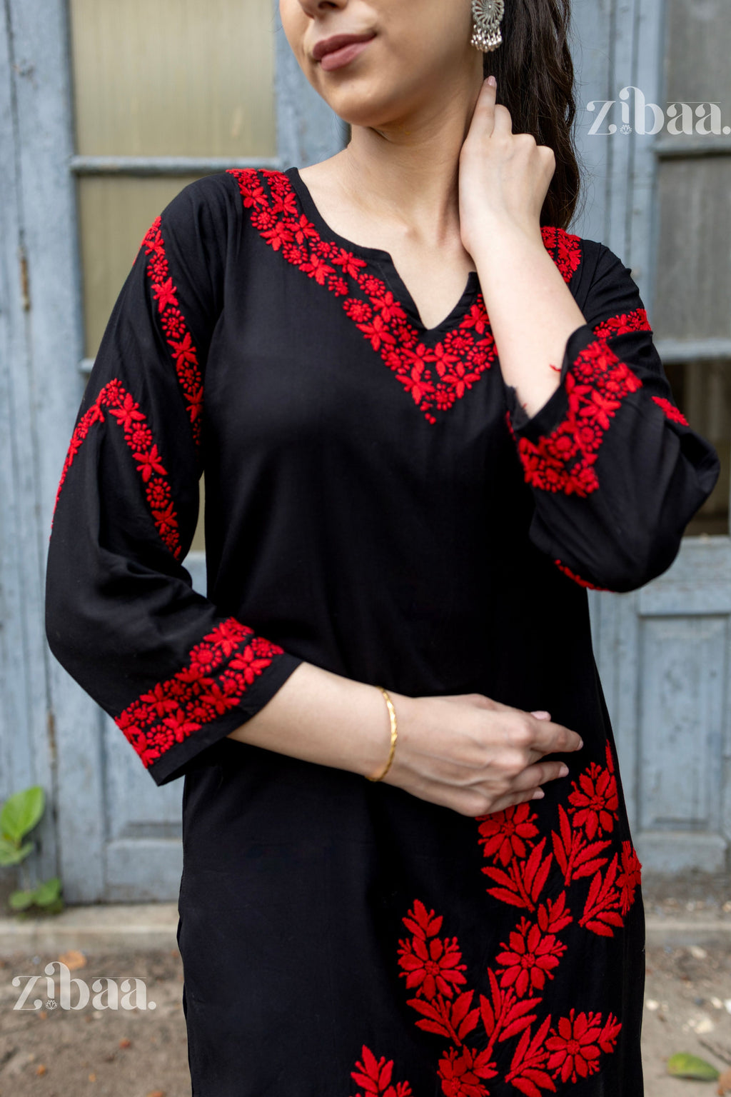 Zibaa Modal Red & Black Chikankari Kurta - Distacart