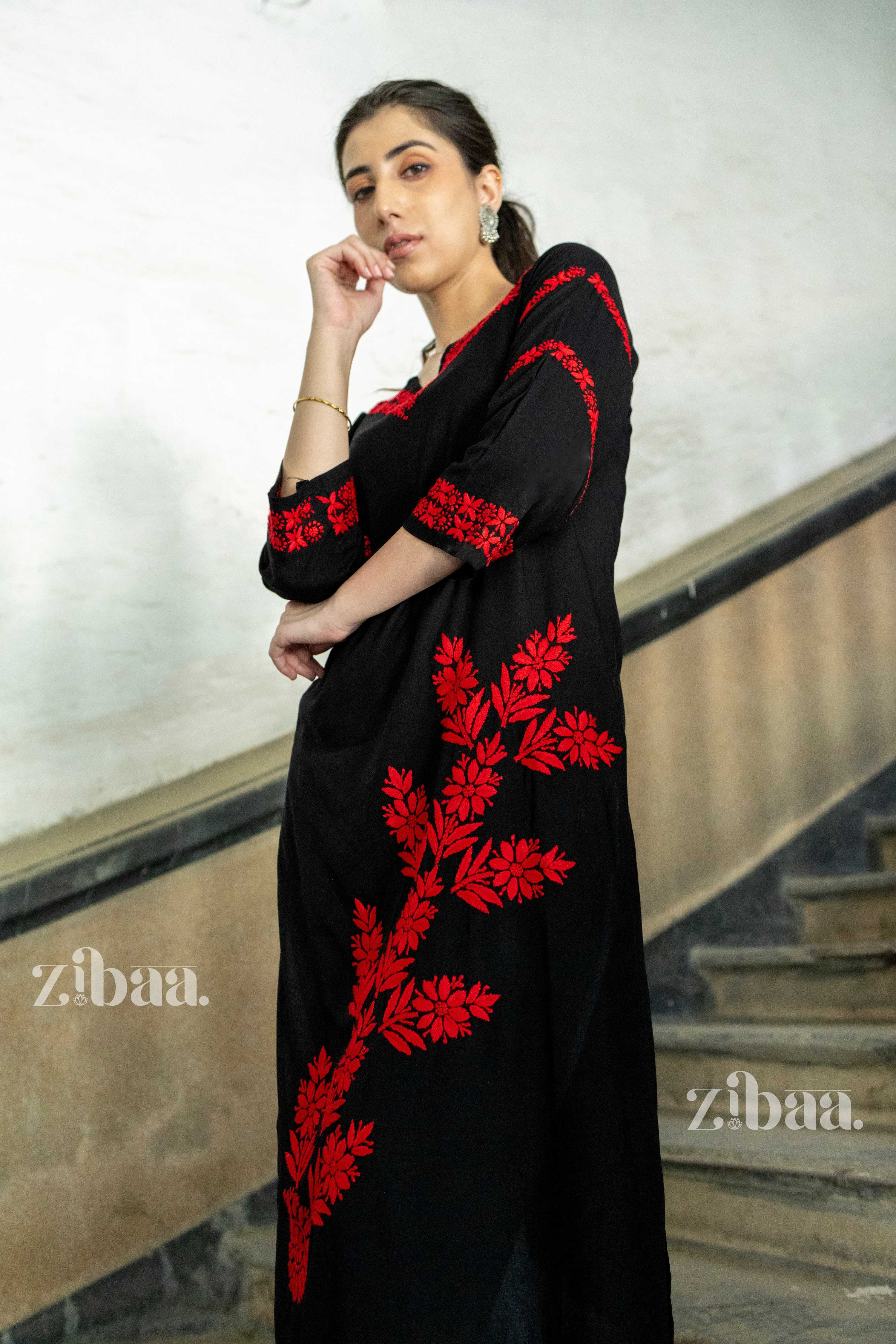 Zibaa Modal Red & Black Chikankari Kurta - Distacart