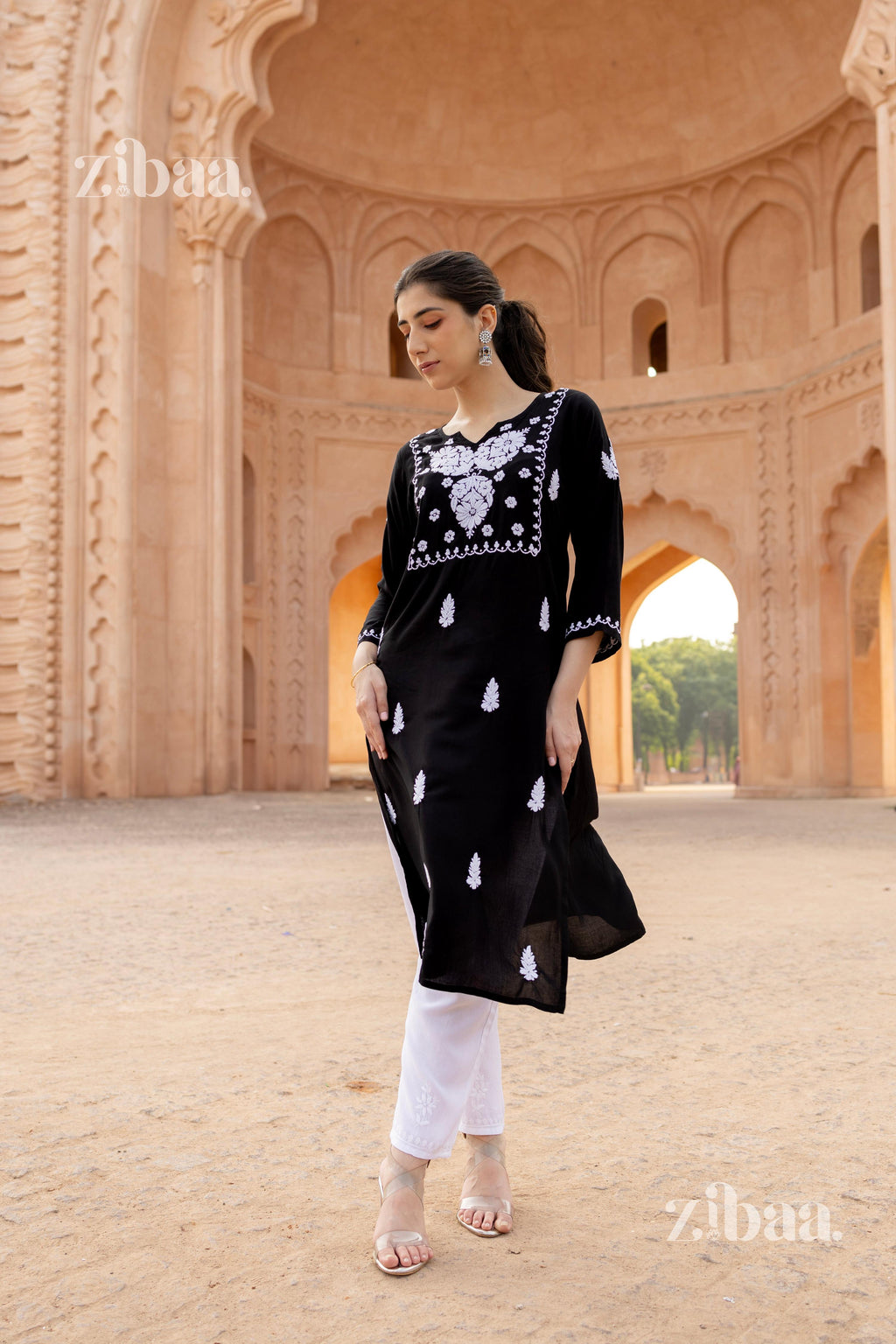Zibaa Modal White & Black Chikankari Kurti - Distacart