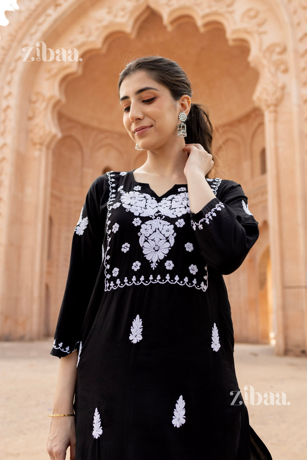 Zibaa Modal White & Black Chikankari Kurti - Distacart