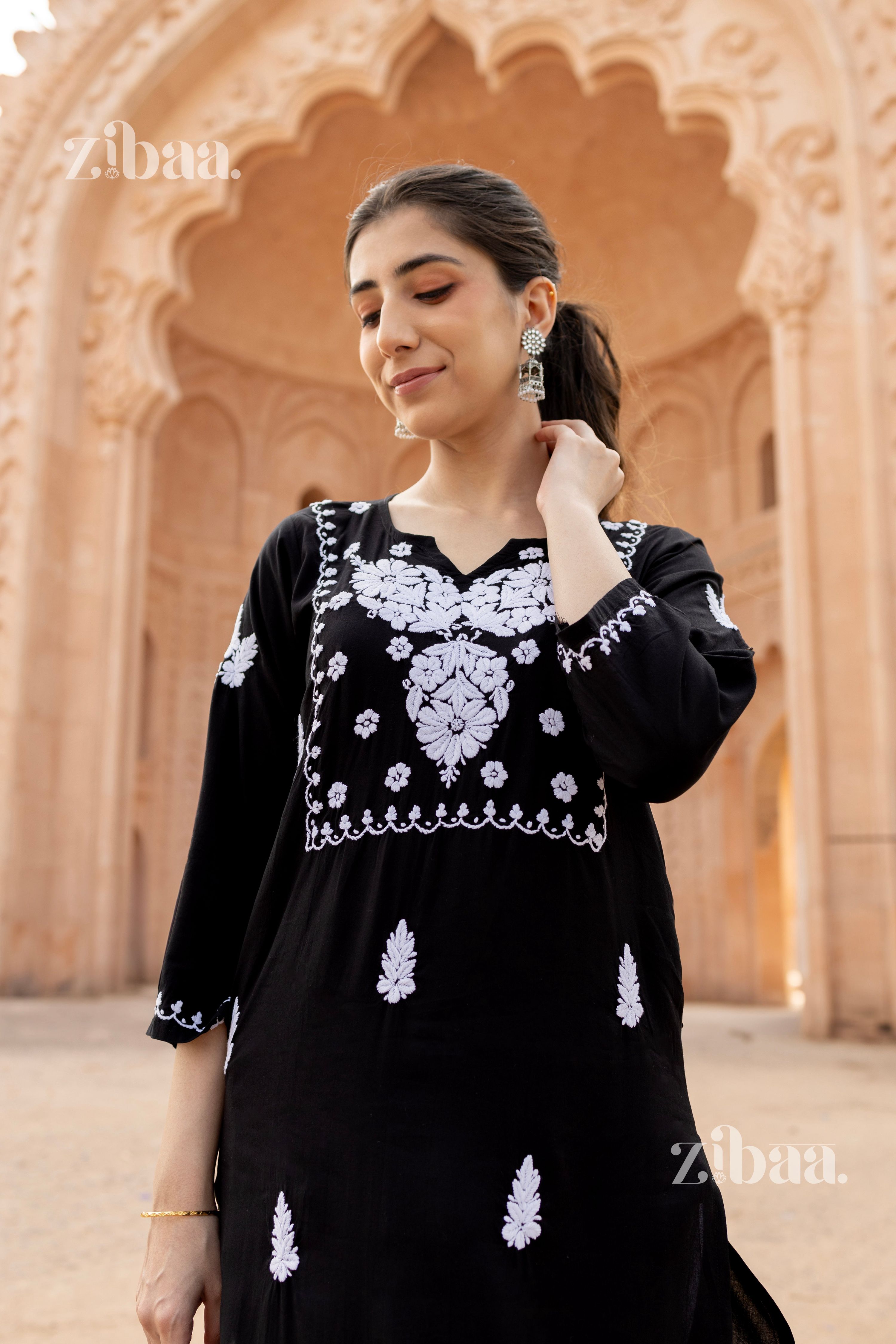 Zibaa Modal White & Black Chikankari Kurti - Distacart