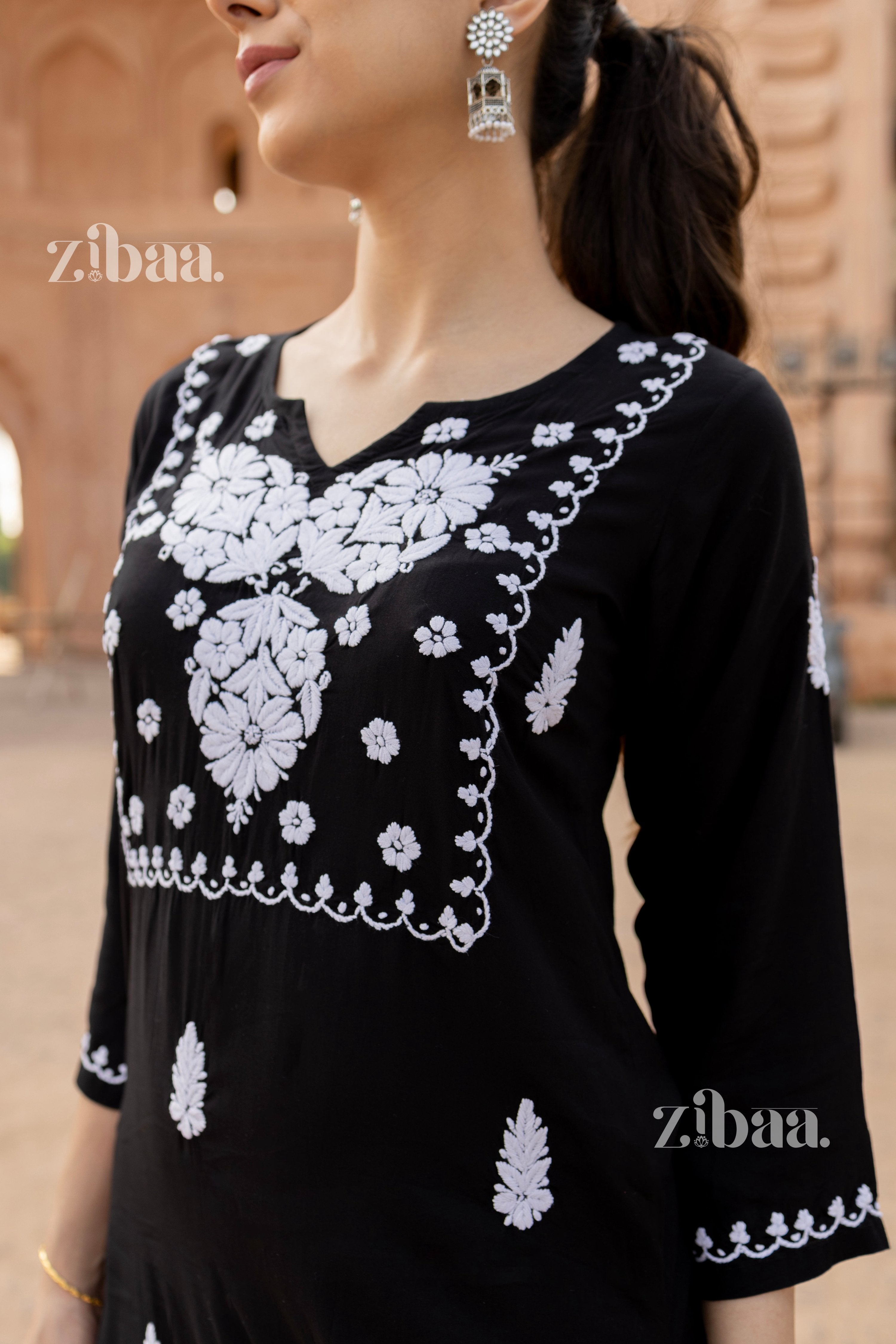 Zibaa Modal White & Black Chikankari Kurti - Distacart