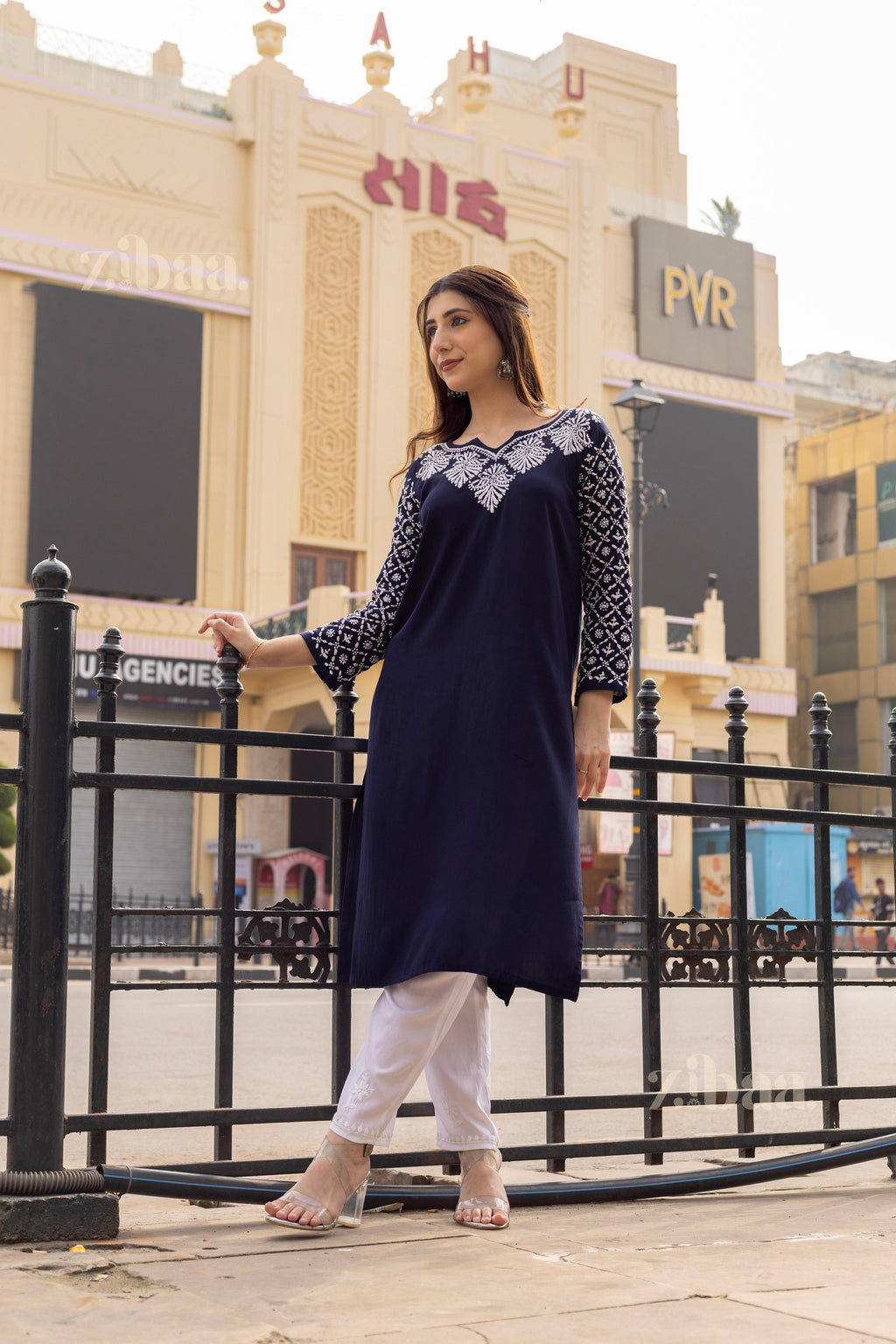 Zibaa Rayon Chikankari Kurti with Jaal work - Distacart