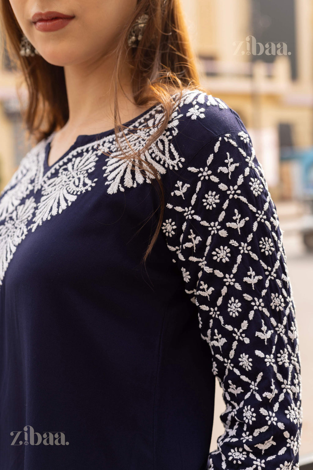 Zibaa Rayon Chikankari Kurti with Jaal work - Distacart