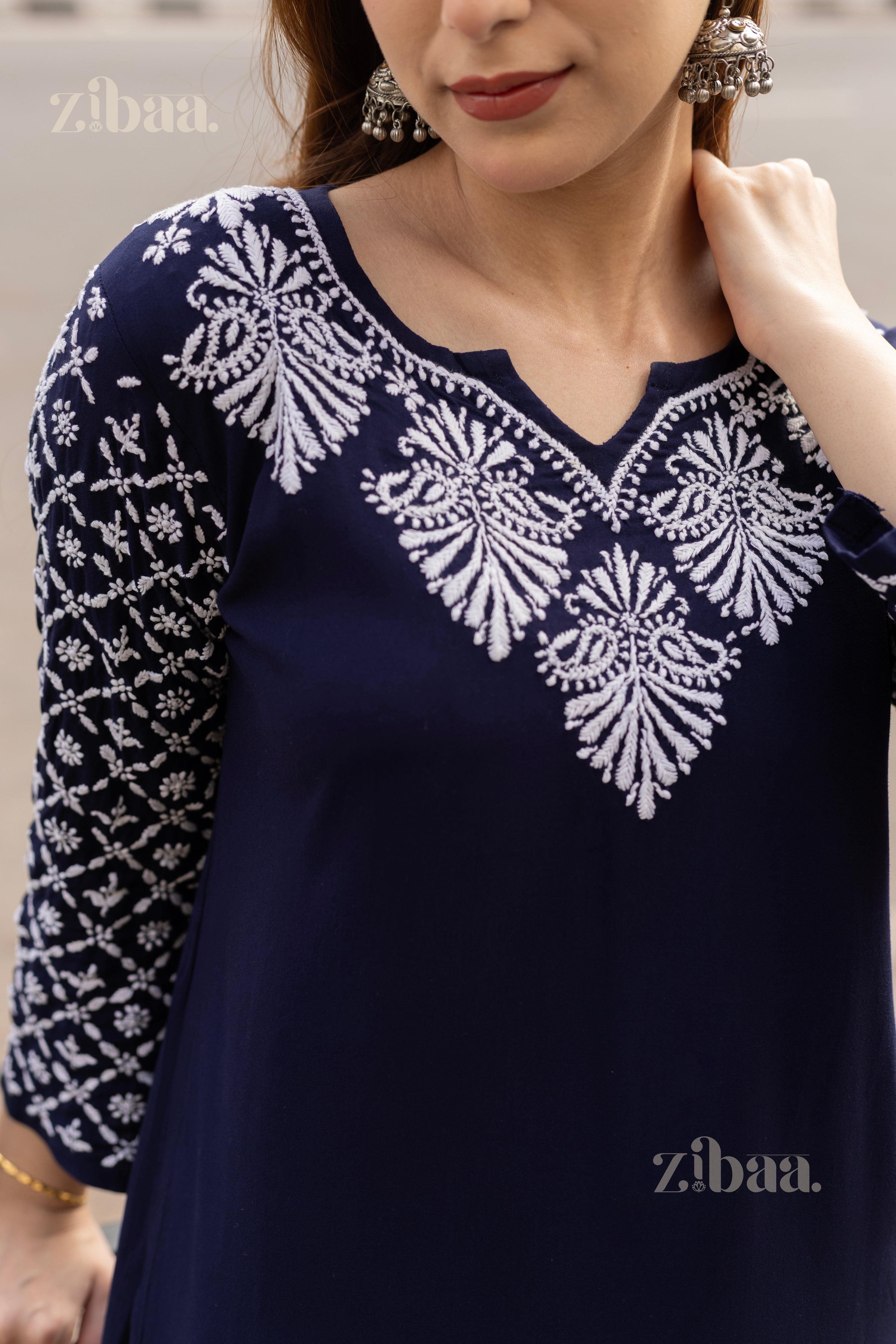 Zibaa Rayon Chikankari Kurti with Jaal work - Distacart