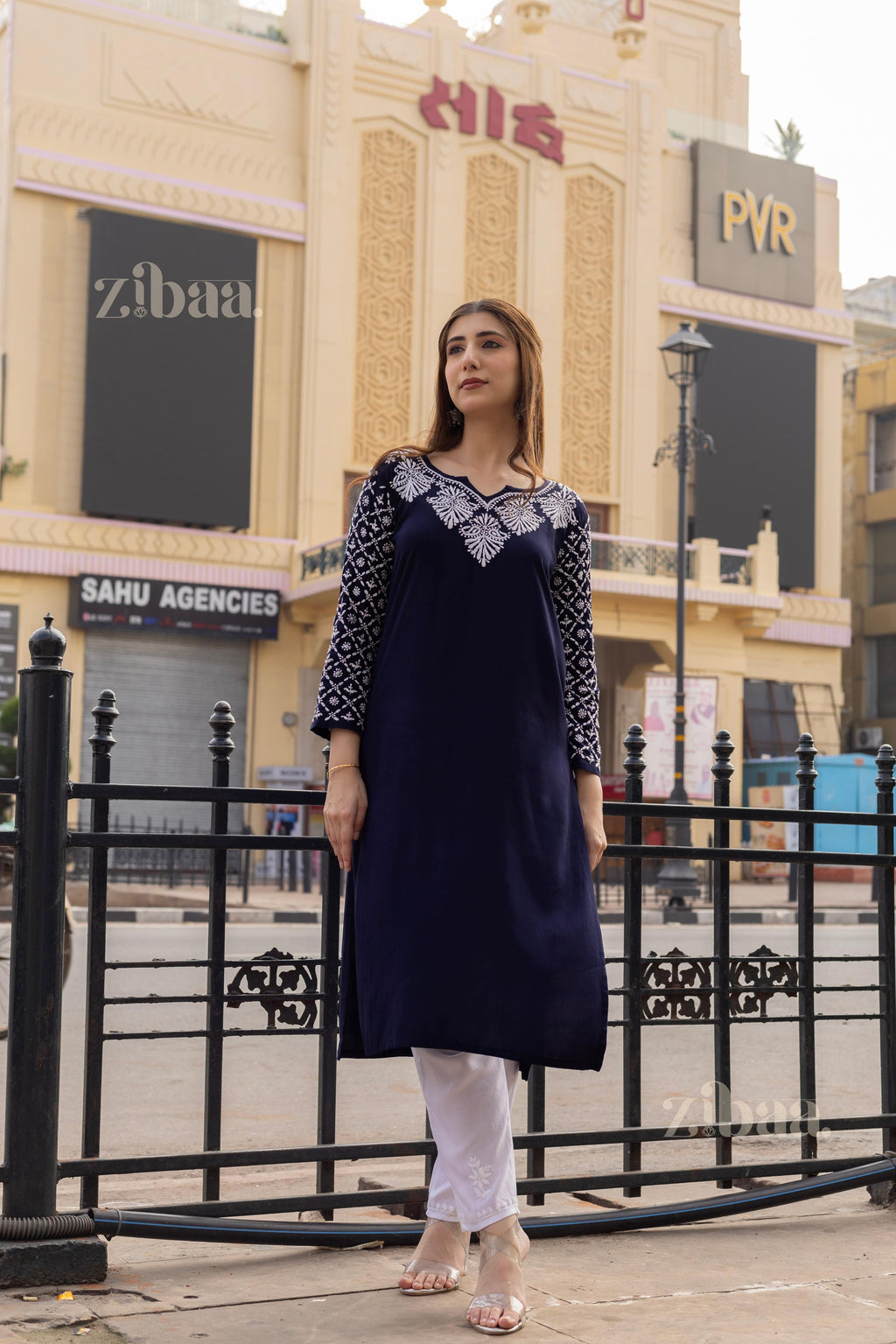 Zibaa Rayon Chikankari Kurti with Jaal work - Distacart